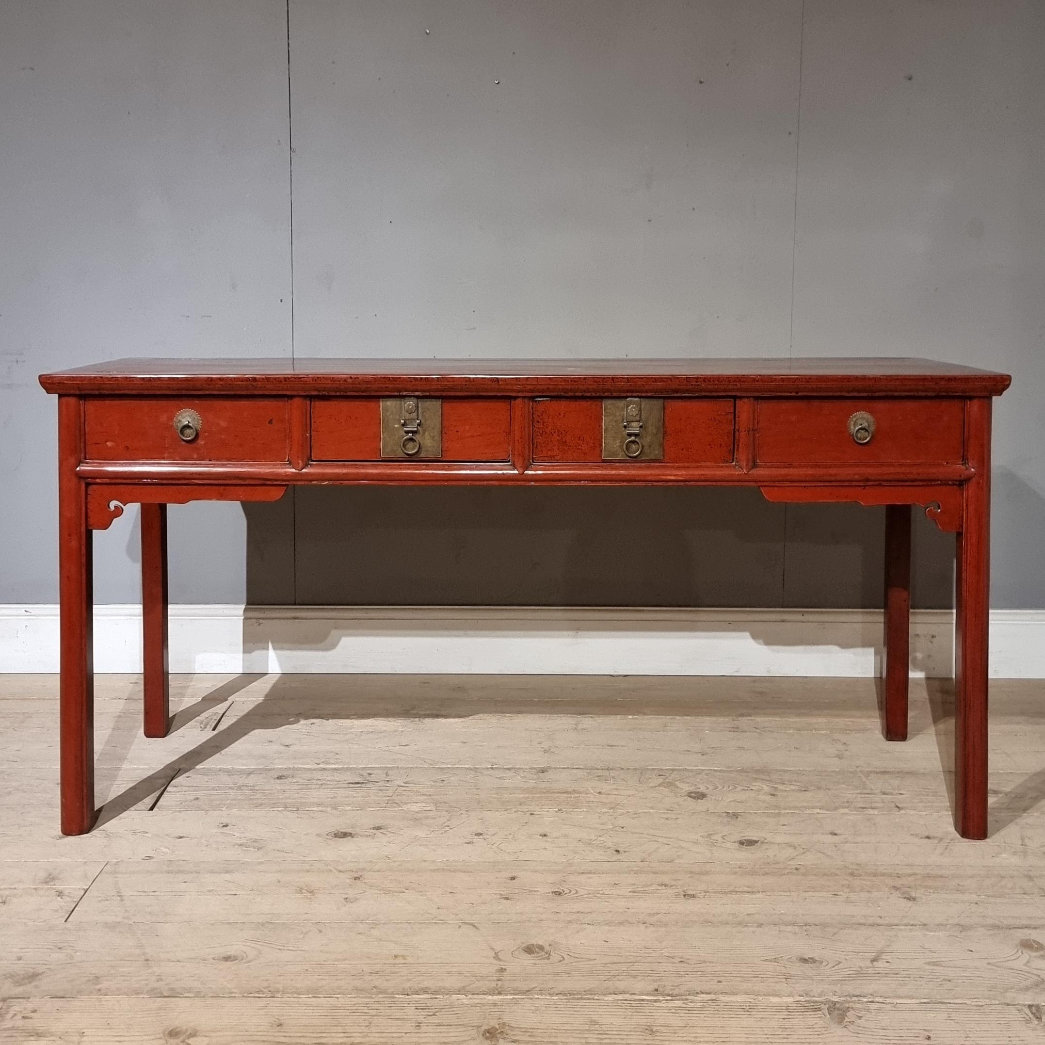 Late 19th C Chinese red lacquered 4 drawer server. 1890

Dimensions
65.5 inches (166 cms) wide
22 inches (56 cms) deep
32 inches (81 cms) high.

    
