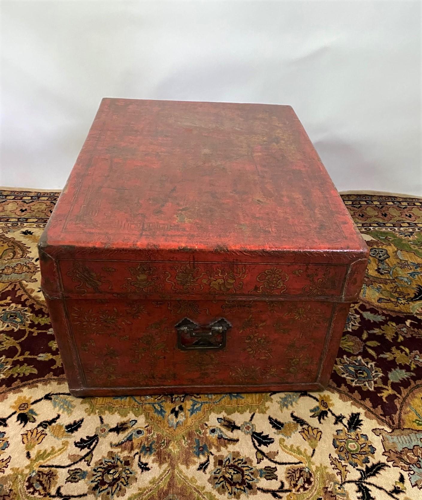 19th Century Chinese Red Leather Decorated Trunk In Good Condition For Sale In North Salem, NY