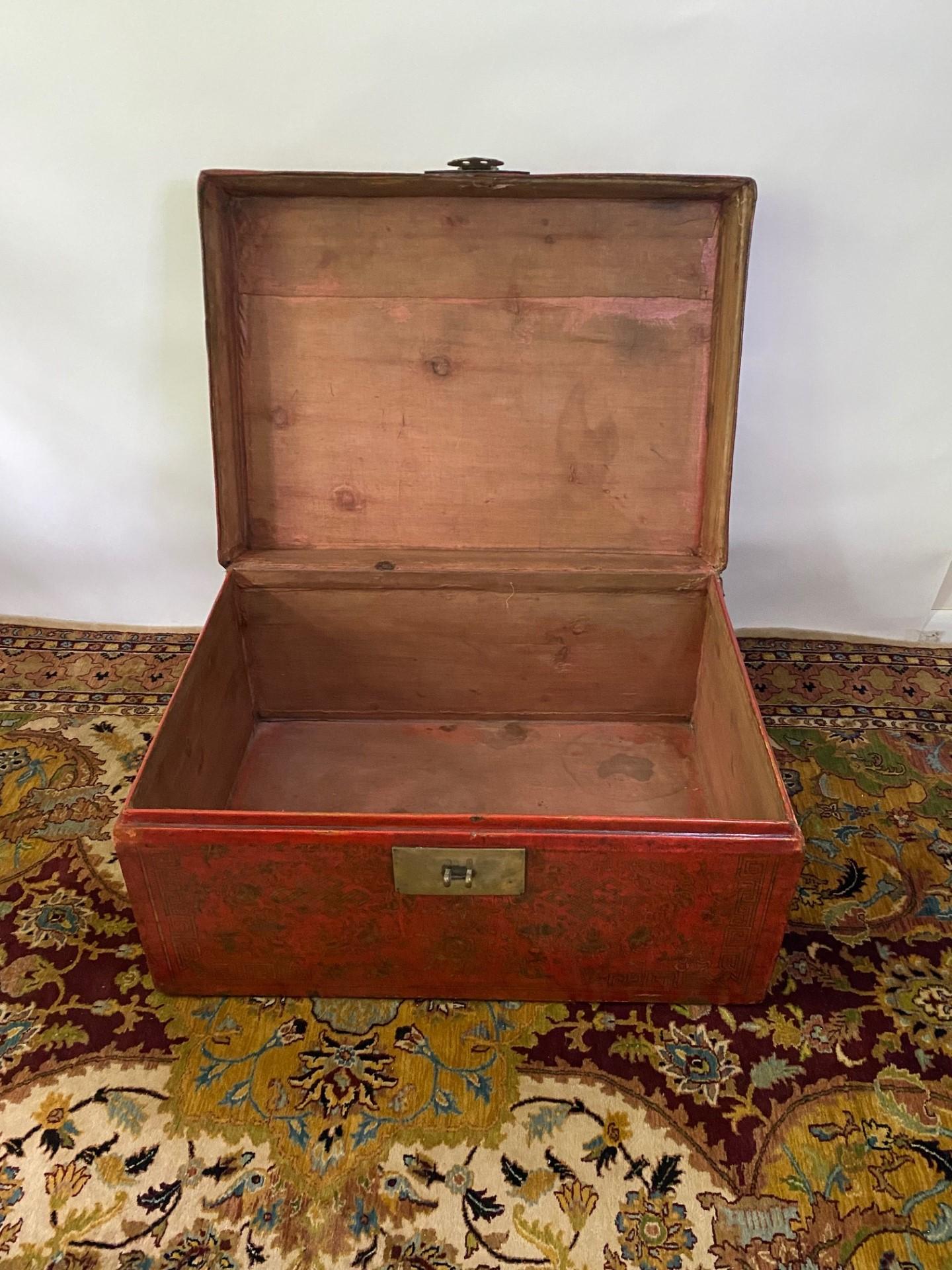 19th Century Chinese Red Leather Decorated Trunk For Sale 2