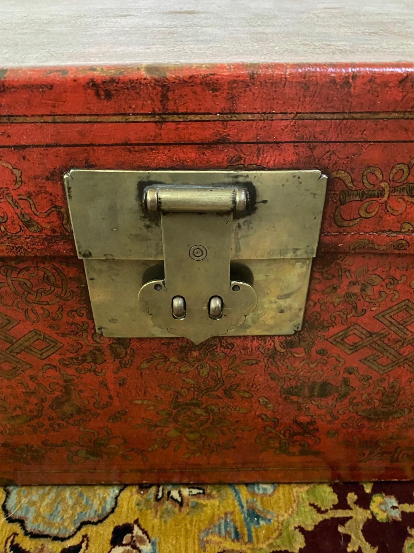 19th Century Chinese Red Leather Decorated Trunk For Sale 4