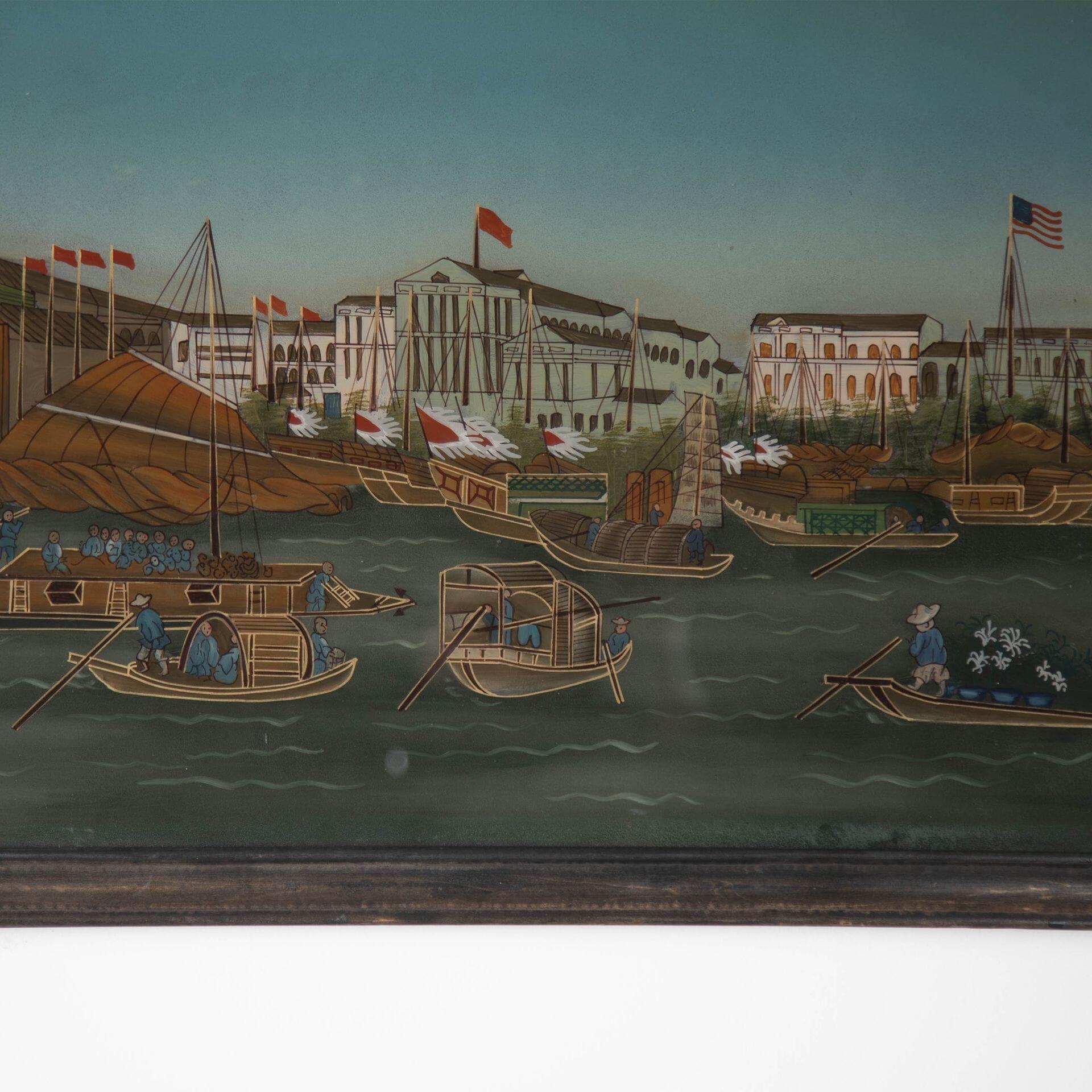 19th century unusual Chinese reverse painting on glass, depicting a busy Hong Kong harbour scene with trade boat flying different countries flags, local boats with figures, and buildings beyond. 
Within a moulded wood frame and ornate bronze hanging