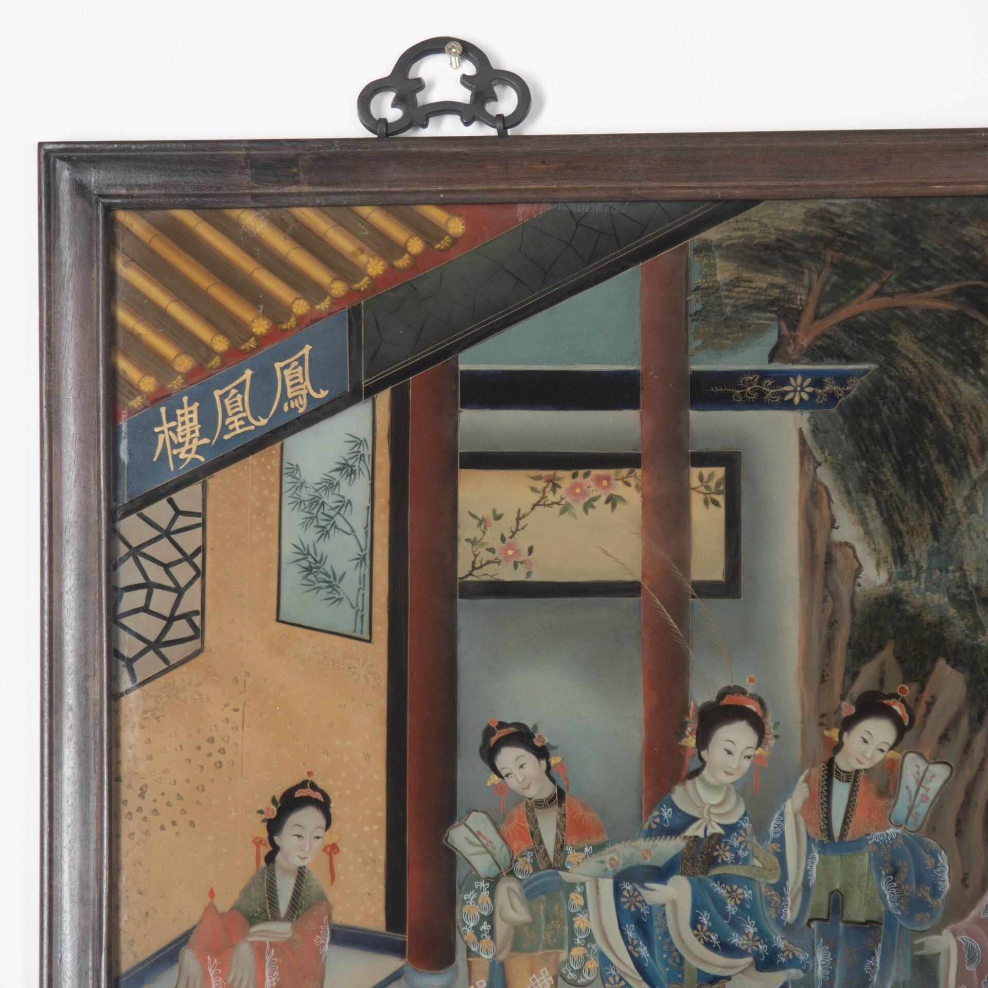 Painted 19th Century Chinese Reverse Glass Painting For Sale