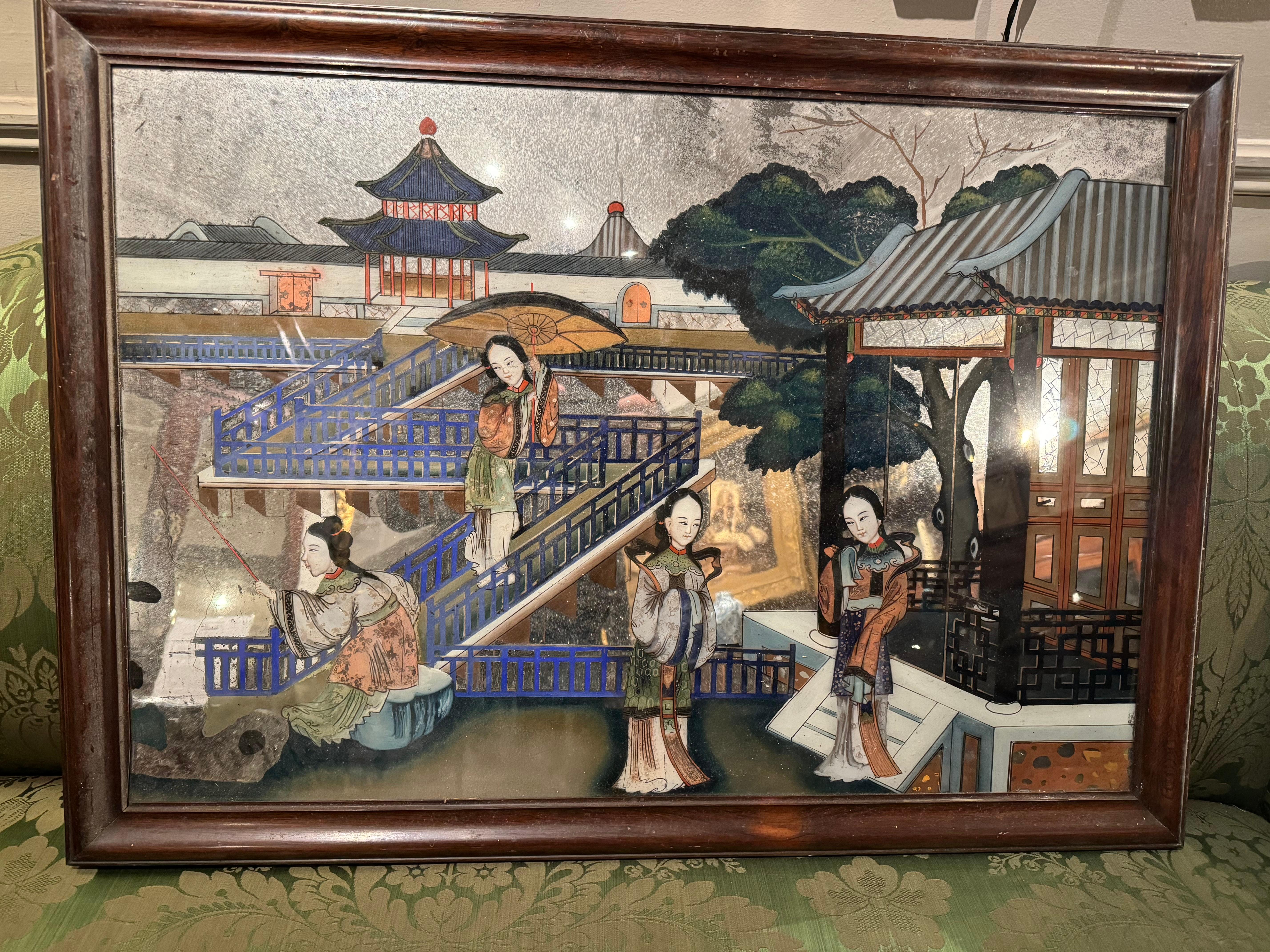 Qing 19th Century Chinese Reverse Painted Mirror Depicting Court Scene For Sale