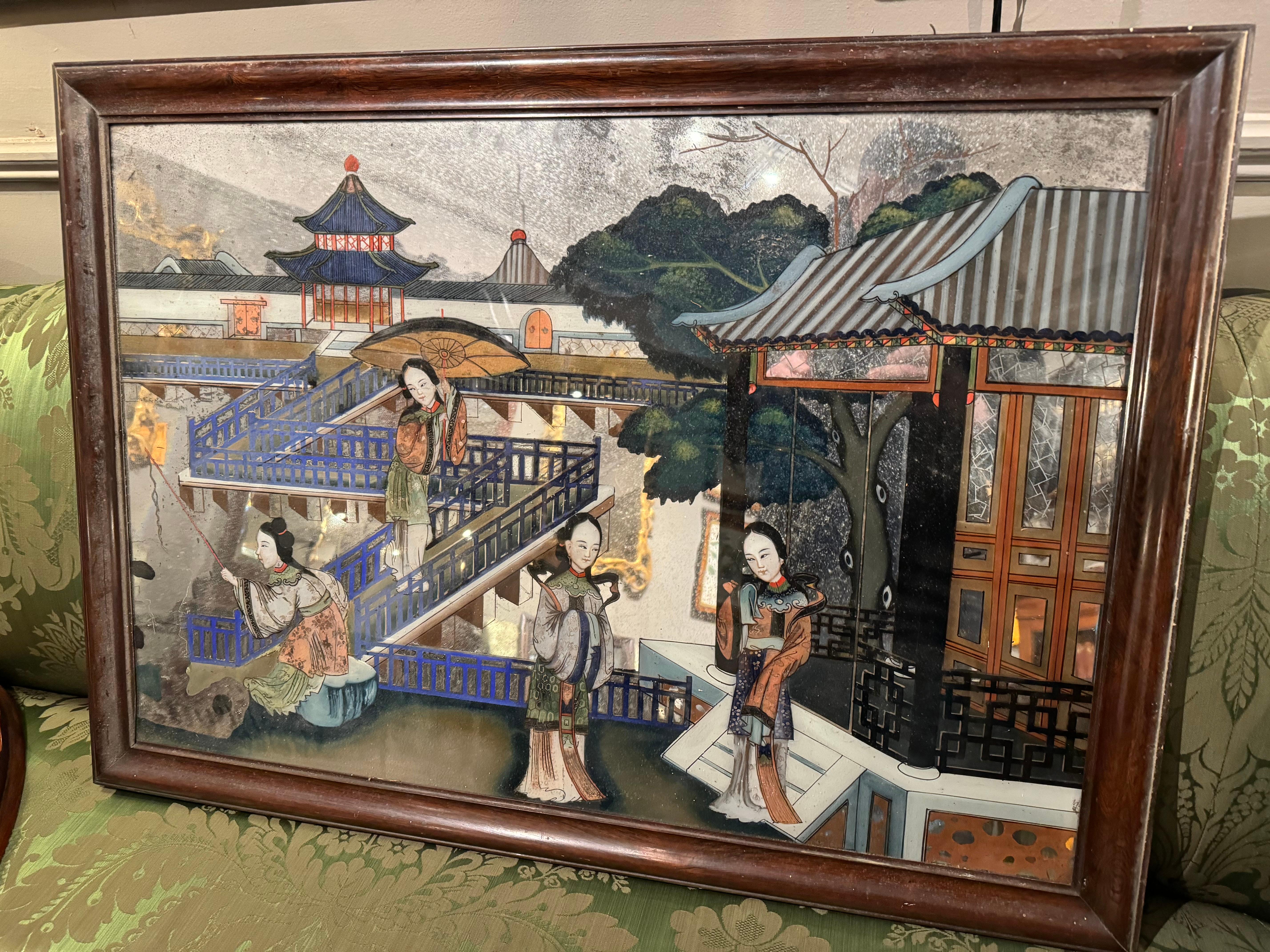 Hand-Painted 19th Century Chinese Reverse Painted Mirror Depicting Court Scene For Sale
