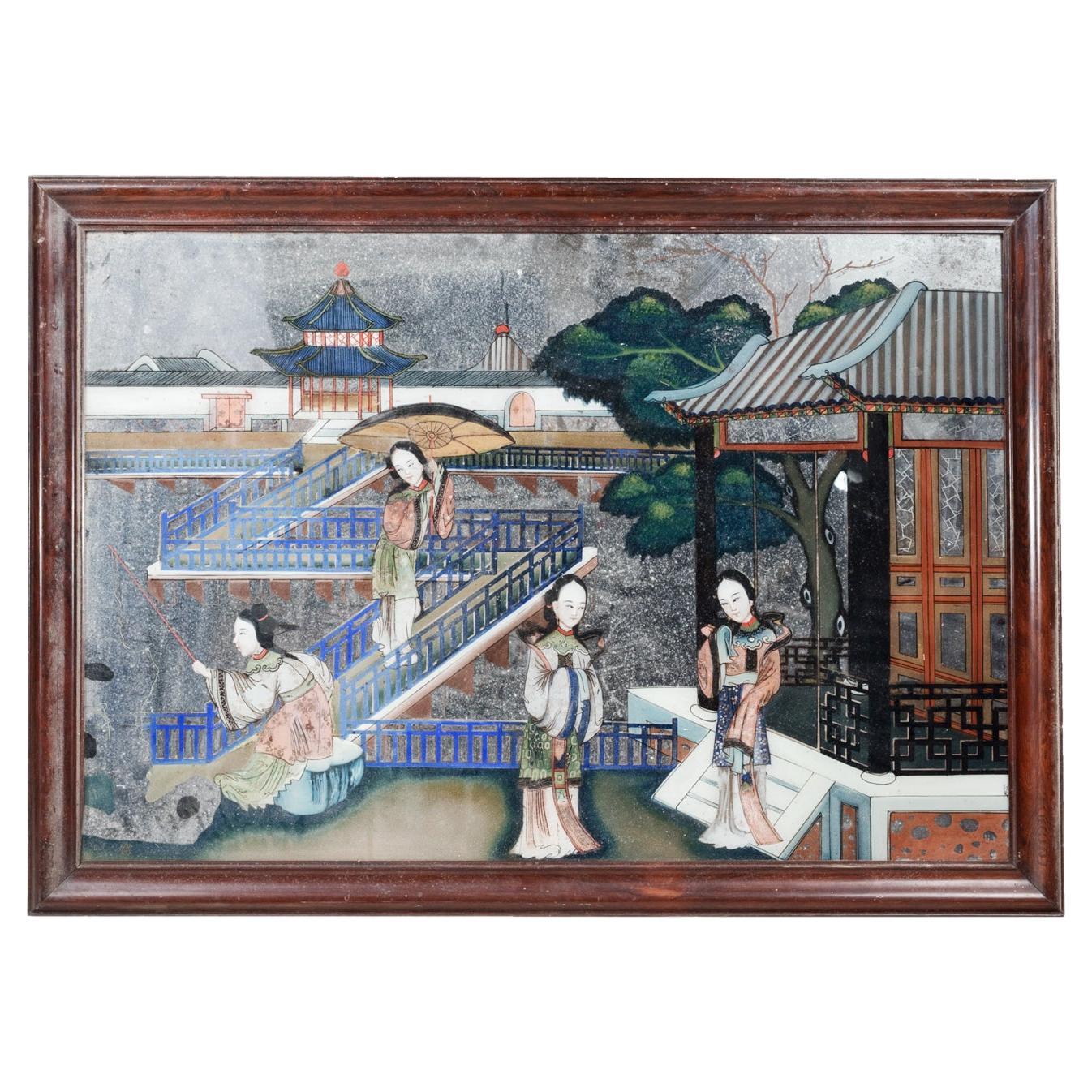 Chinesischer Spiegel des 19. Jahrhunderts mit Umkehrmalerei, der eine Gerichtsszene darstellt