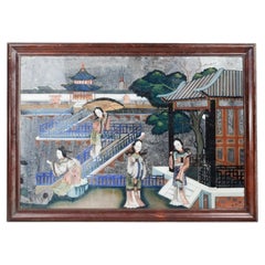 19th Century Chinese Reverse Painted Mirror Depicting Court Scene