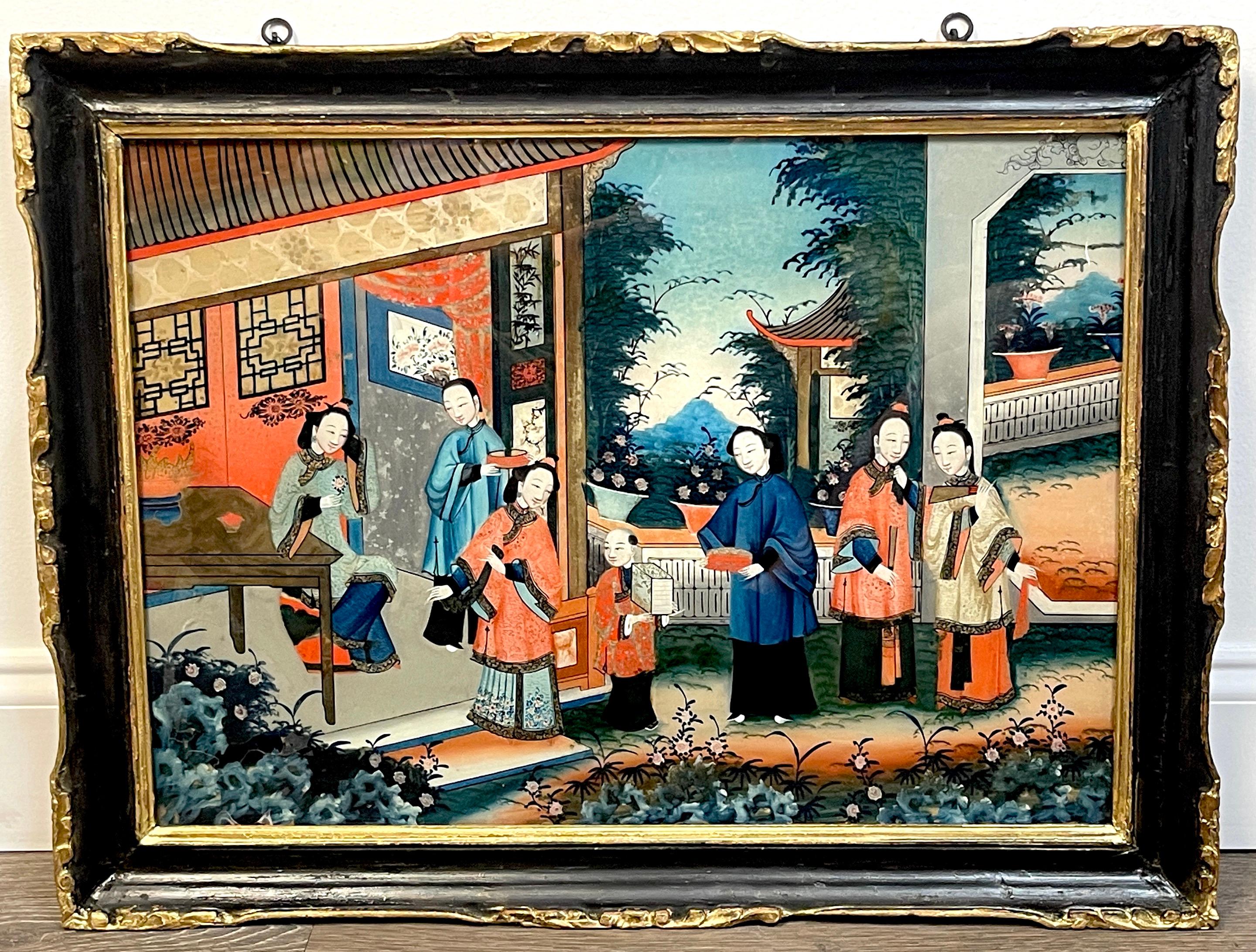 19th Century Chinese Reverse-Painted Pavilion Garden Landscape
Painted with a vivid color palate, the well executed, highly detailed typical outdoor garden court scene, with six woman and one boy. 
Appears to be the original ebonized and gilt