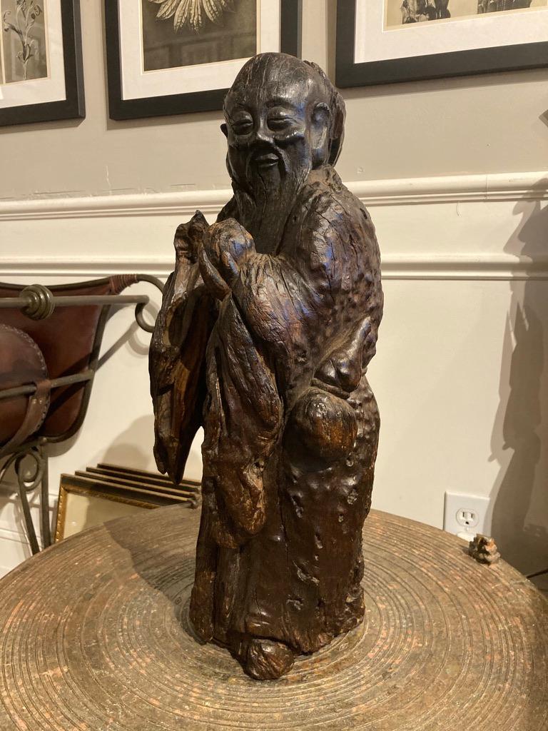 19th Century Chinese Root Carving of Shou Lao, God of Longevity In Good Condition In Stamford, CT