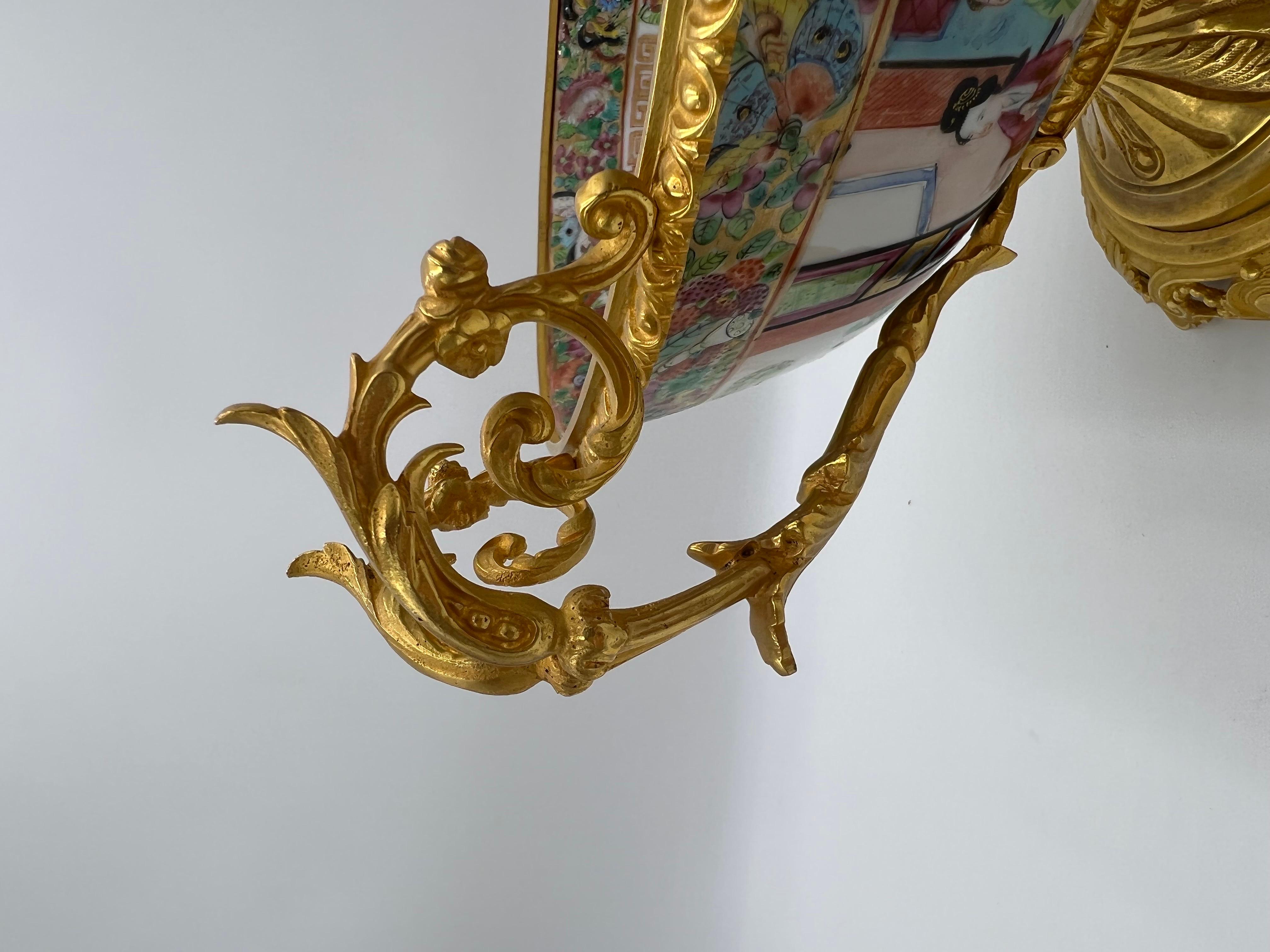 19th Century Chinese Rose Medallion Ormolu Mounted Centerpiece Bowl 6
