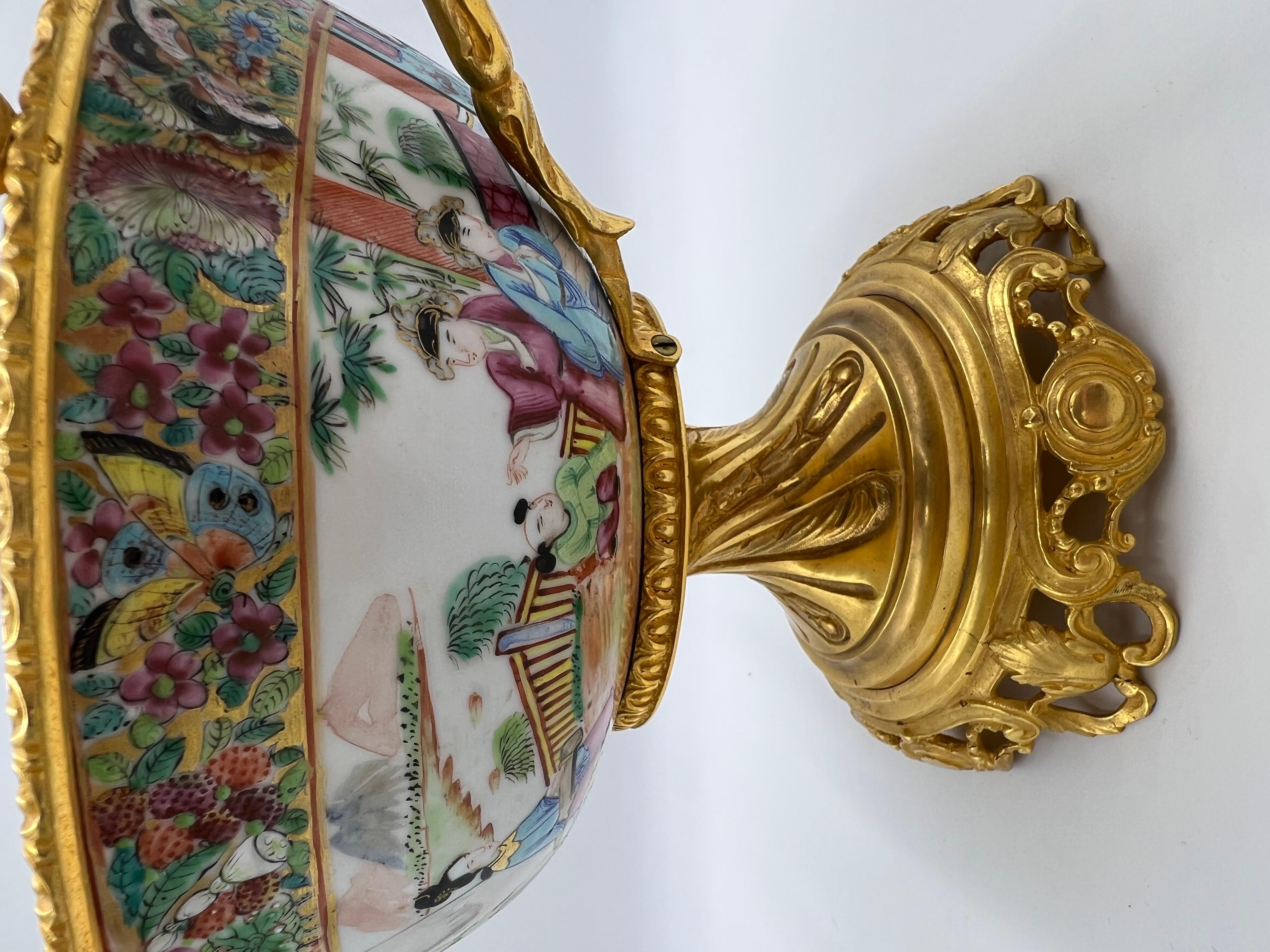 19th Century Chinese Rose Medallion Ormolu Mounted Centerpiece Bowl 7