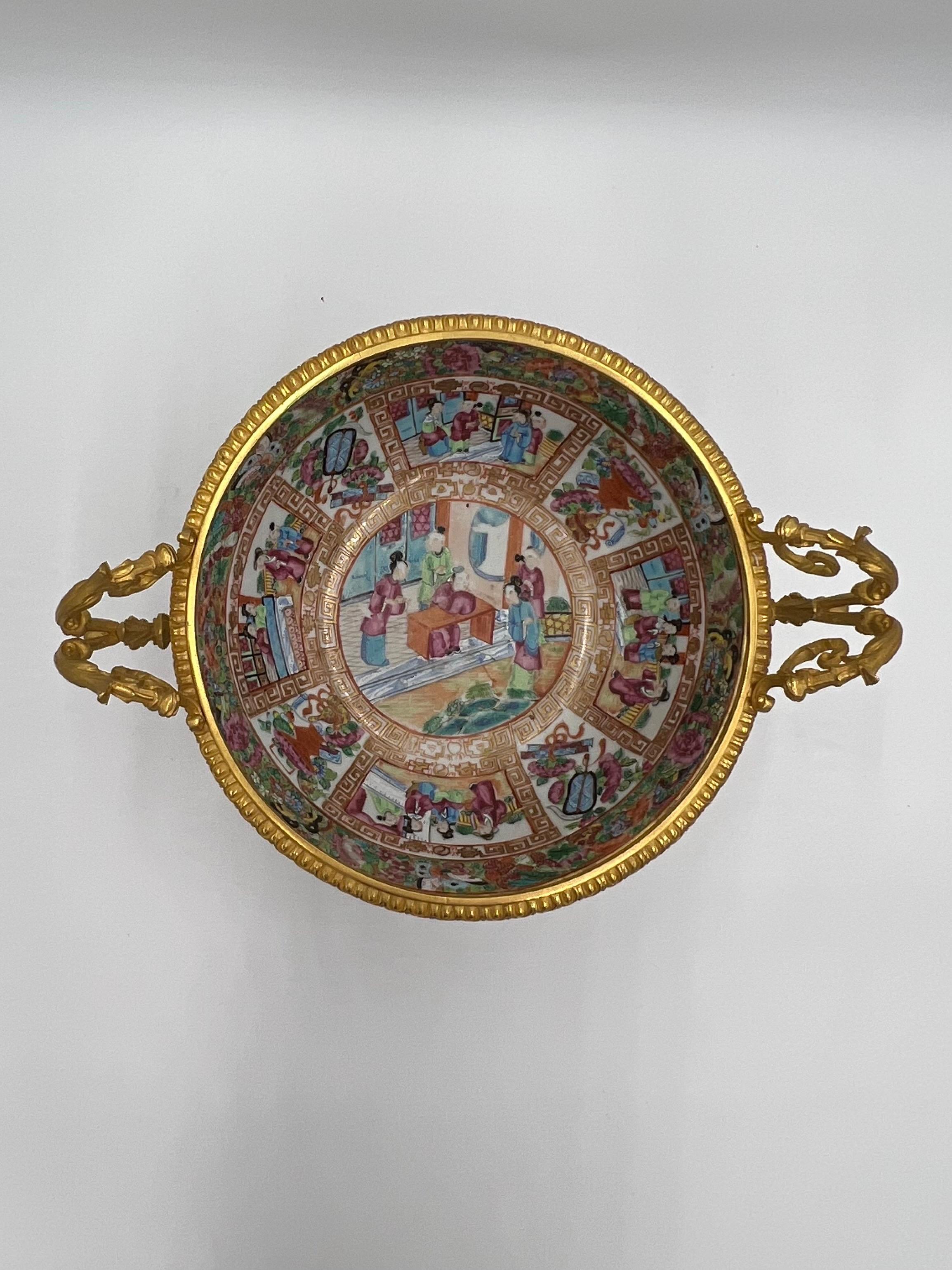 19th Century Chinese Rose Medallion Ormolu Mounted Centerpiece Bowl 9