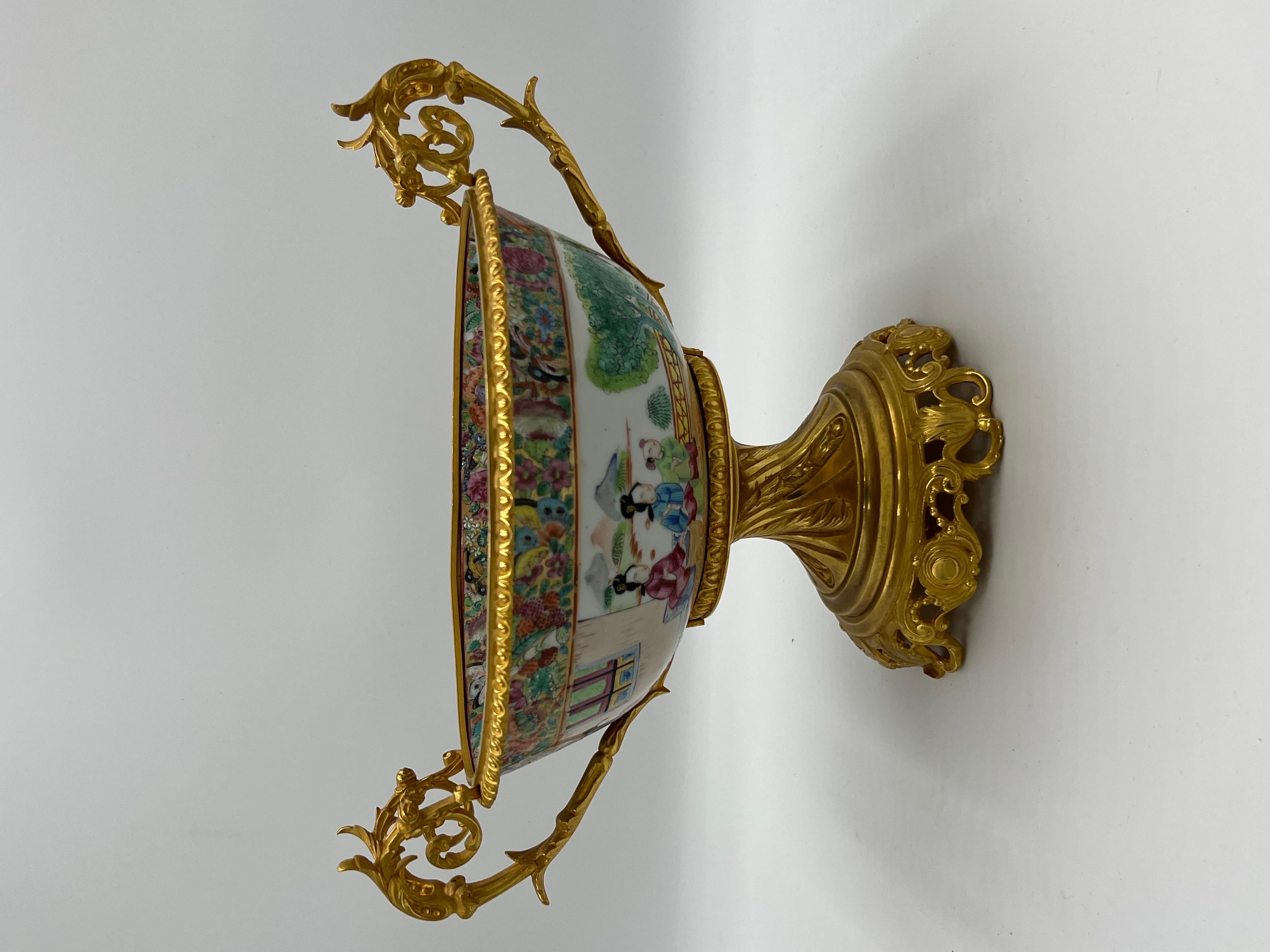 Porcelain 19th Century Chinese Rose Medallion Ormolu Mounted Centerpiece Bowl
