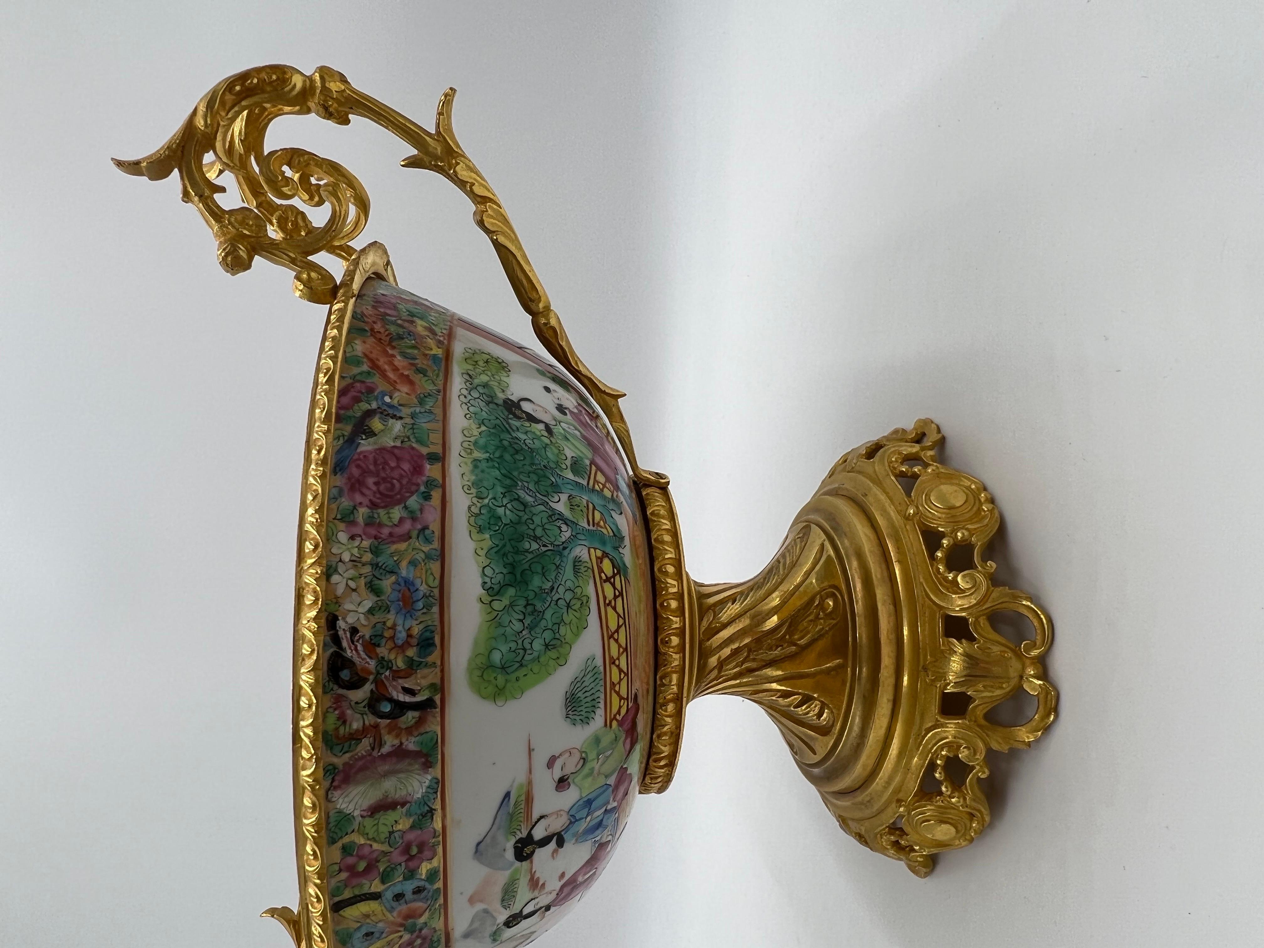 19th Century Chinese Rose Medallion Ormolu Mounted Centerpiece Bowl 3