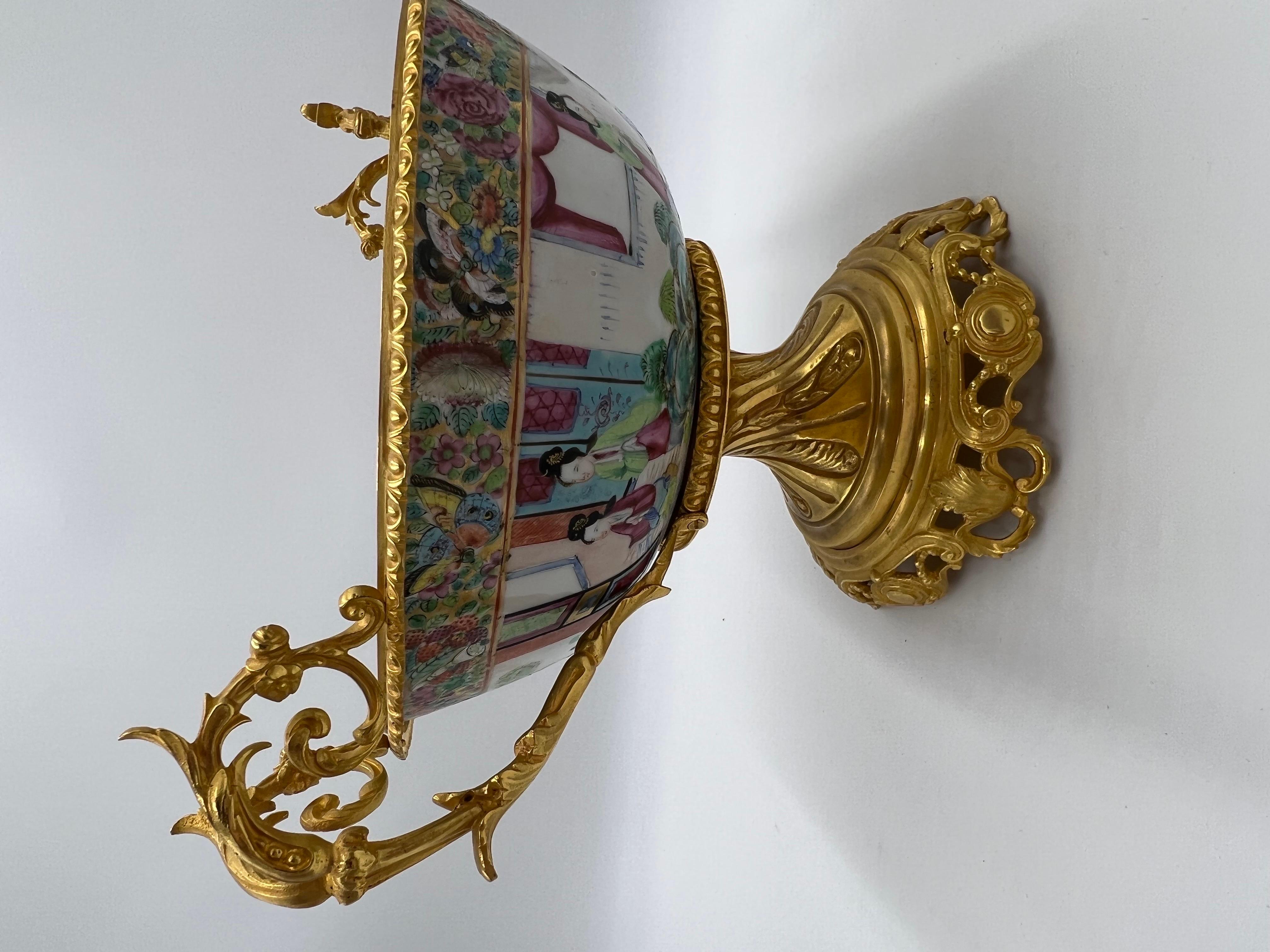 19th Century Chinese Rose Medallion Ormolu Mounted Centerpiece Bowl 4