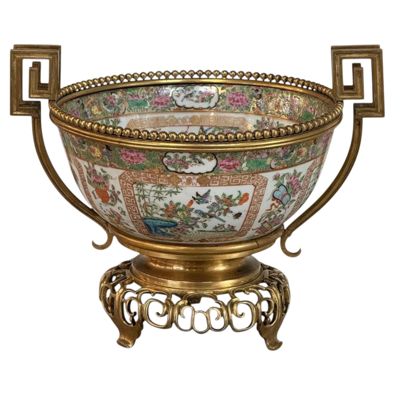 19th Century Chinese Rose Medallion Porcelain Centerpiece with Bronze Mounts