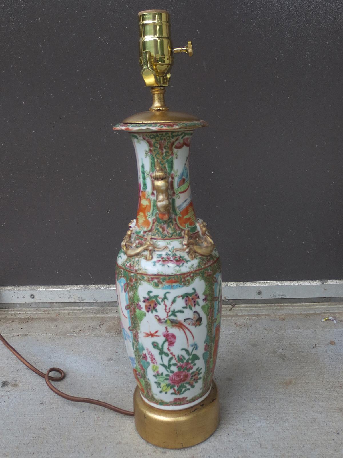 19th Century Chinese Rose Medallion Porcelain Vase as Lamp on Custom Gilt Ba In Good Condition For Sale In Atlanta, GA