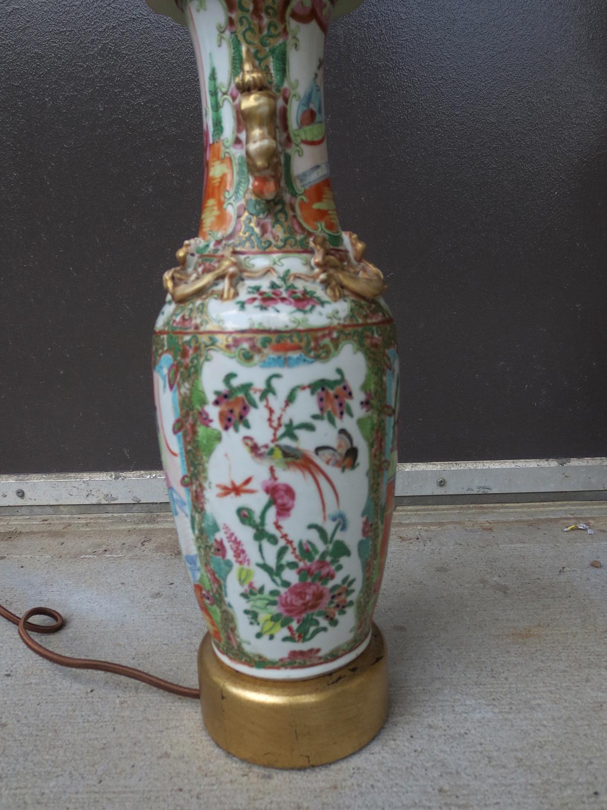 19th Century Chinese Rose Medallion Porcelain Vase as Lamp on Custom Gilt Ba For Sale 1