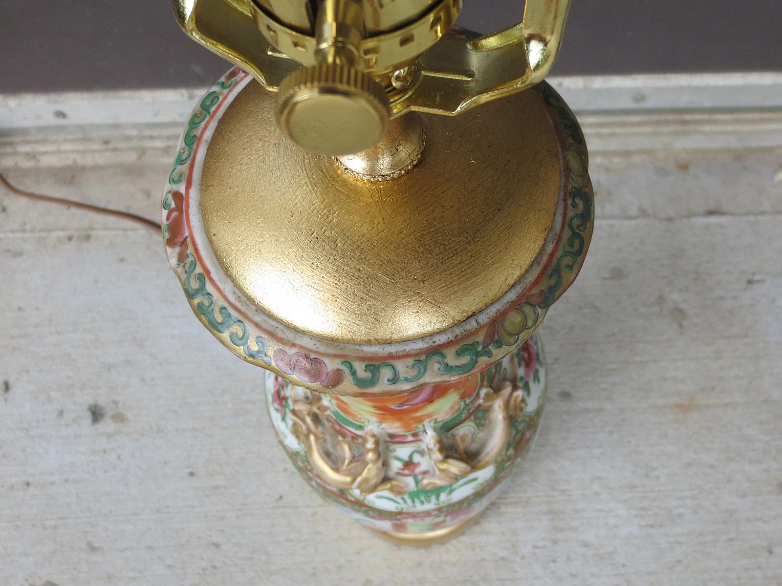 19th Century Chinese Rose Medallion Porcelain Vase as Lamp on Custom Gilt Ba For Sale 2