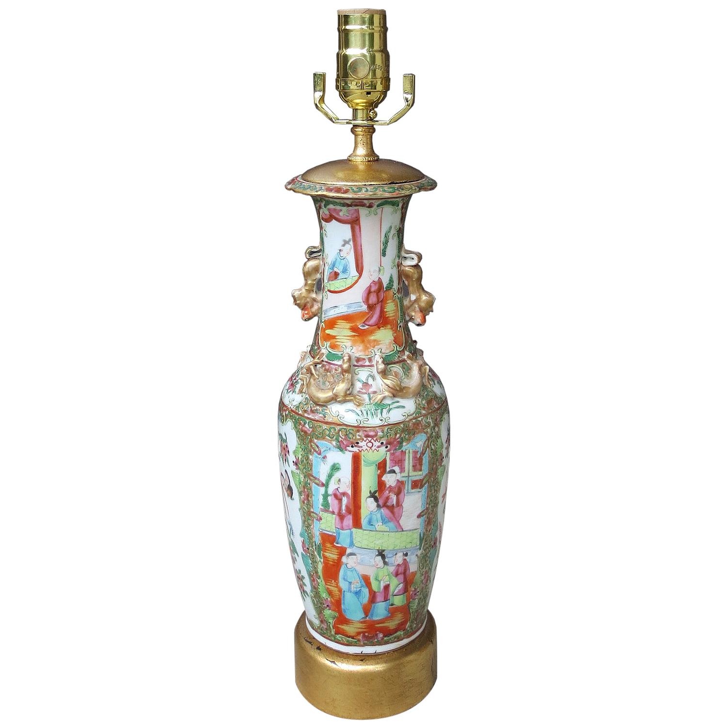 19th Century Chinese Rose Medallion Porcelain Vase as Lamp on Custom Gilt Ba For Sale