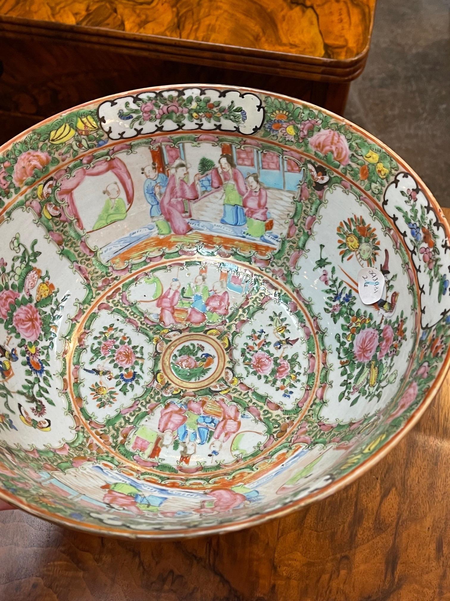Ceramic 19th Century Chinese Rose Medallion Punch Bowl