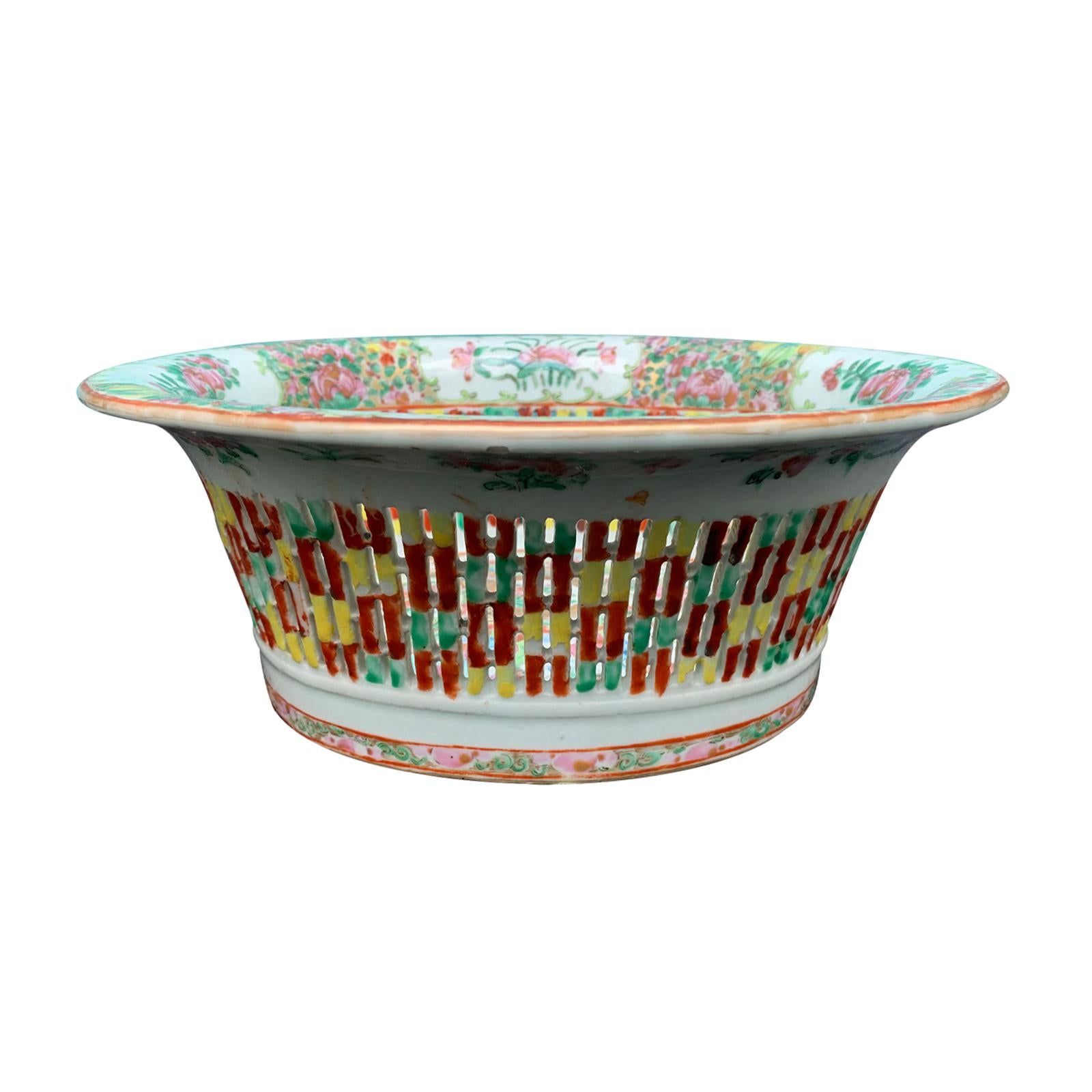 19th Century Chinese Rose Medallion Reticulated Chestnut Basket, Unmarked