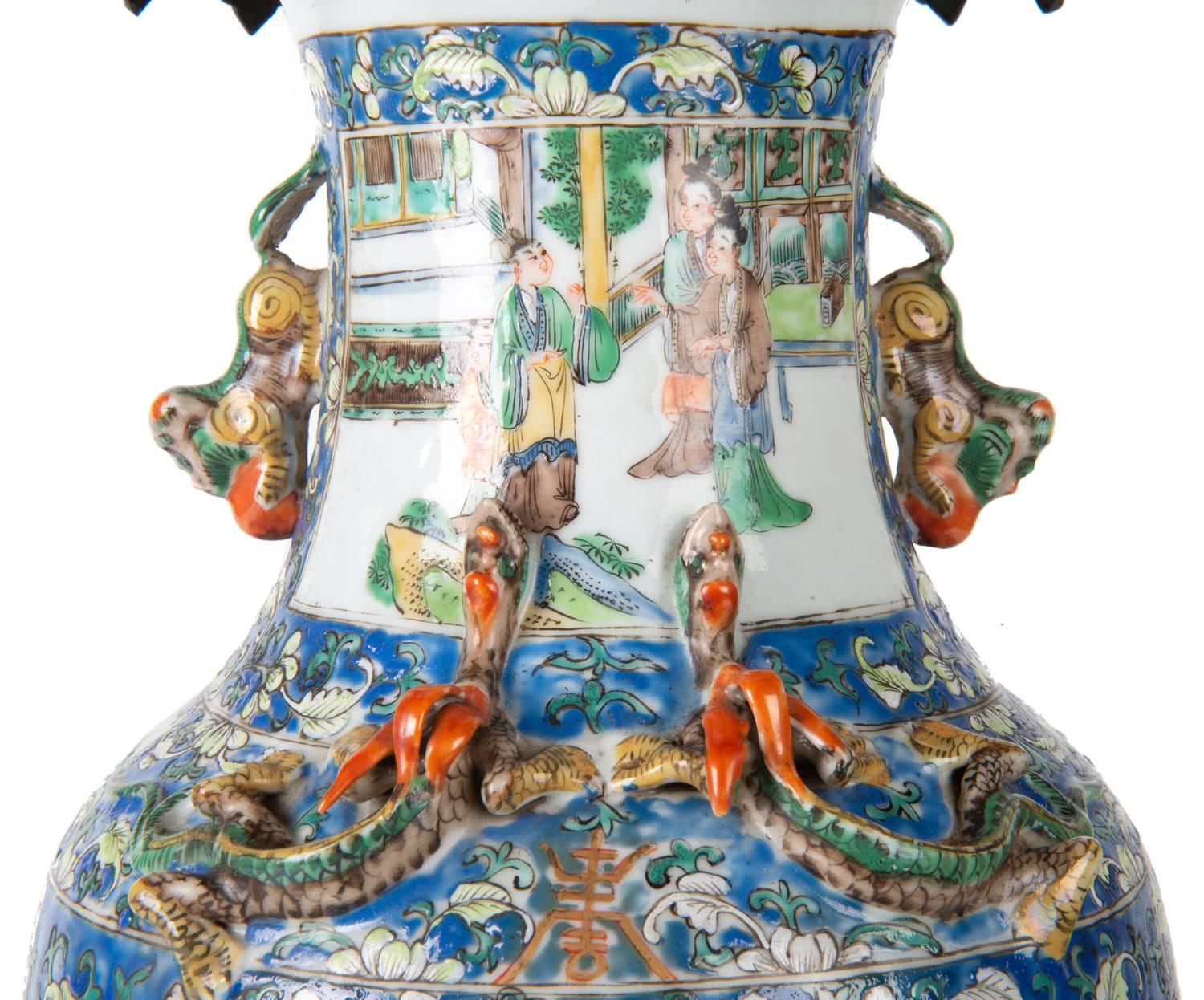 Hand-Painted 19th Century Chinese Rose Medallion Vase or Lamp For Sale