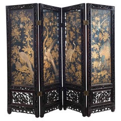19th Century Chinese Rosewood Screen With Silk and Gold Embroidered Glass Panels