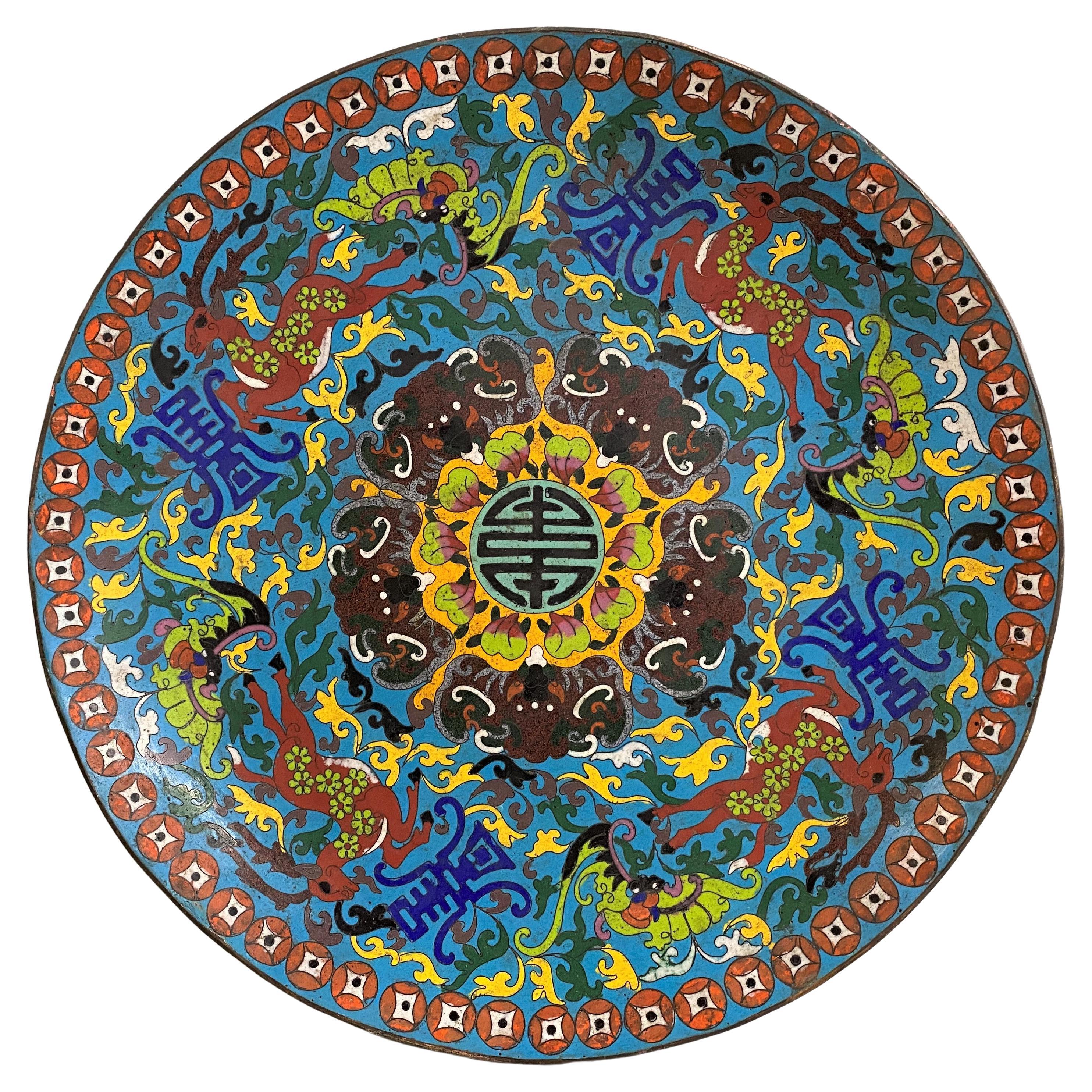 19th Century Chinese Round Polychrome Cloisonné Charger For Sale