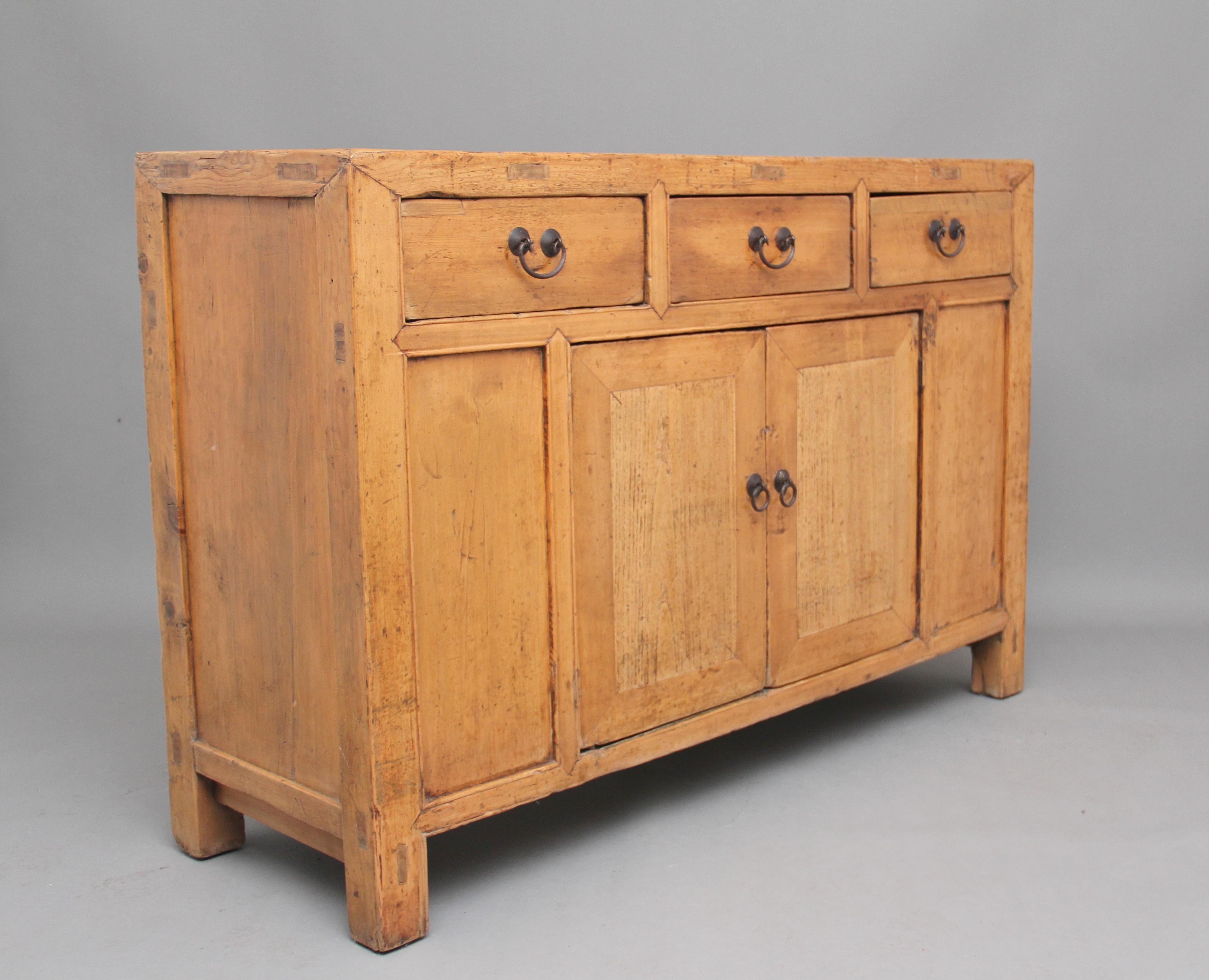 19th Century Chinese rustic pine dresser with three drawers / two door cupboard 2