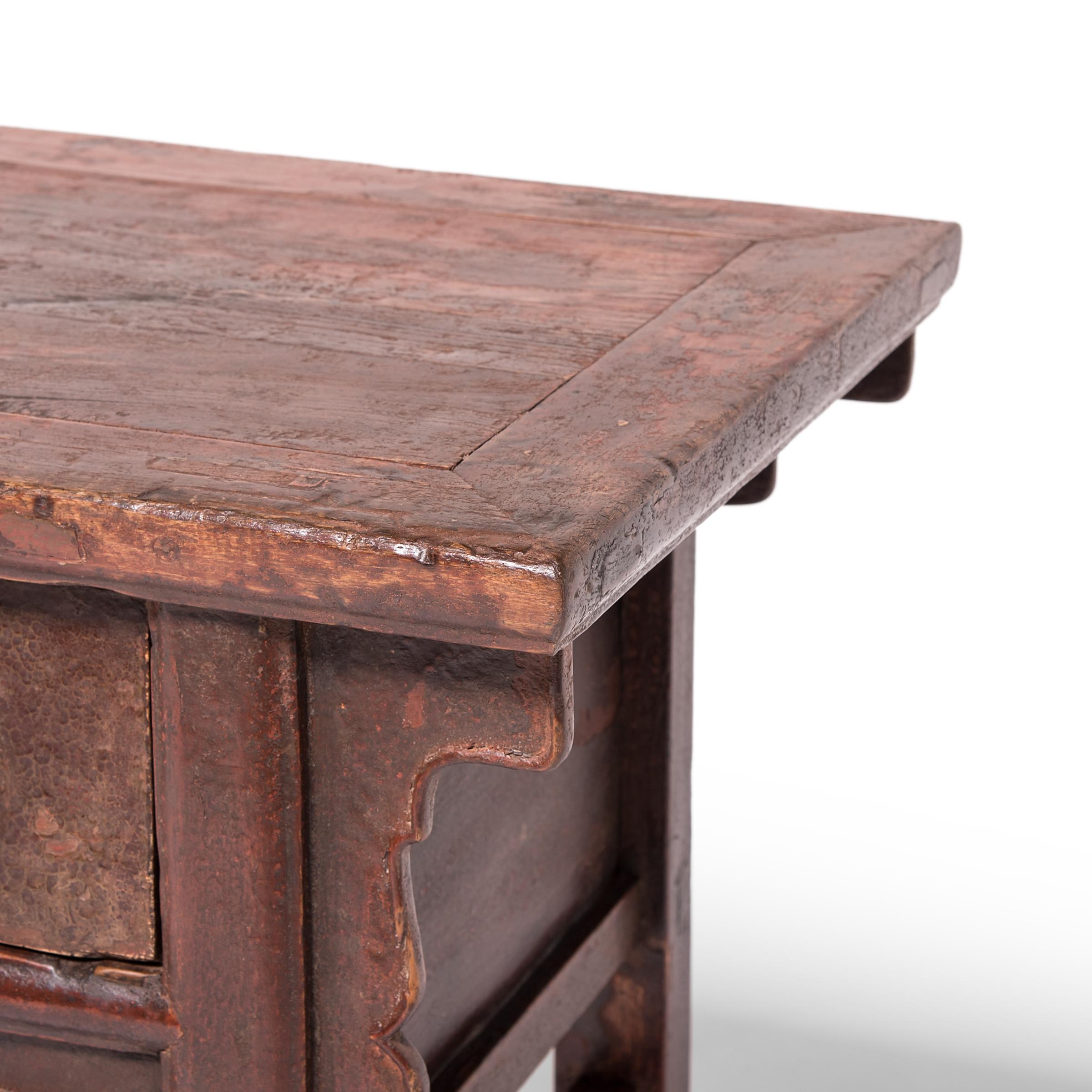 Elm 19th Century Chinese Rustic Lacquer Side Table with Drawer