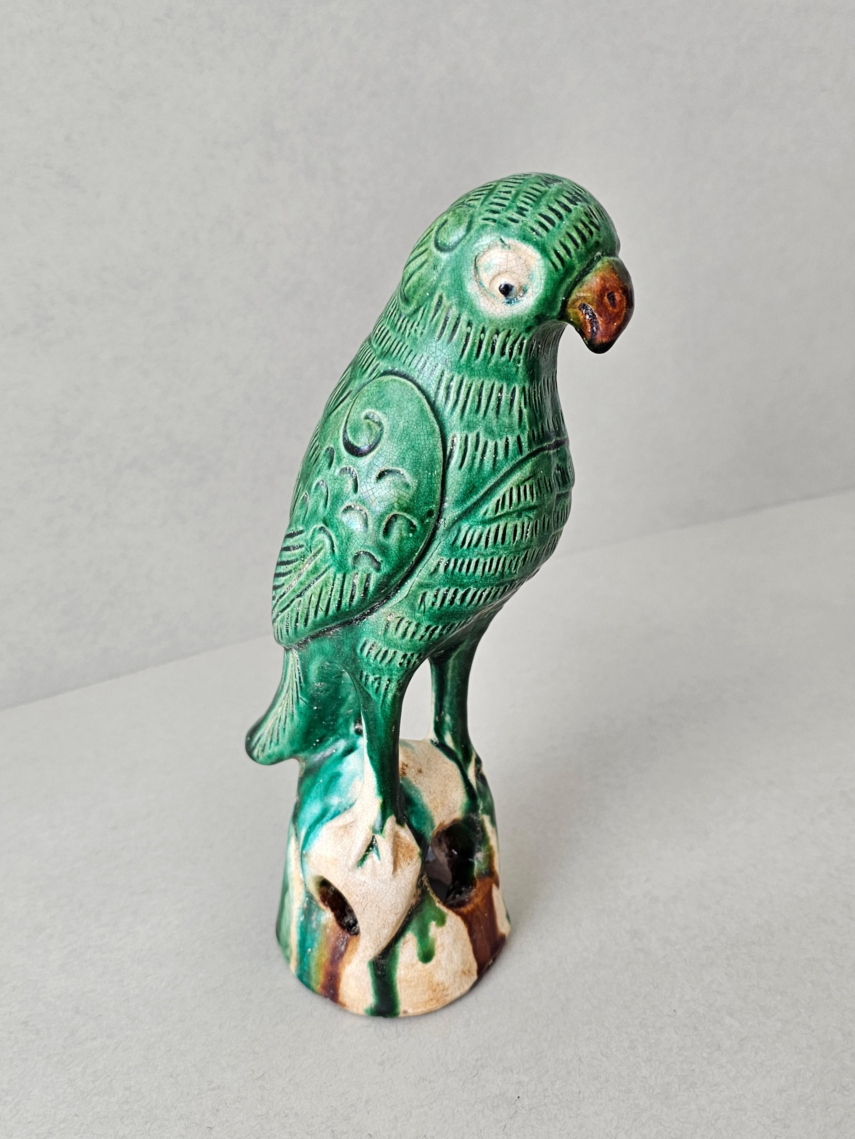Qing 19th Century Chinese Sancai Glazed Pottery Parrot Figure 