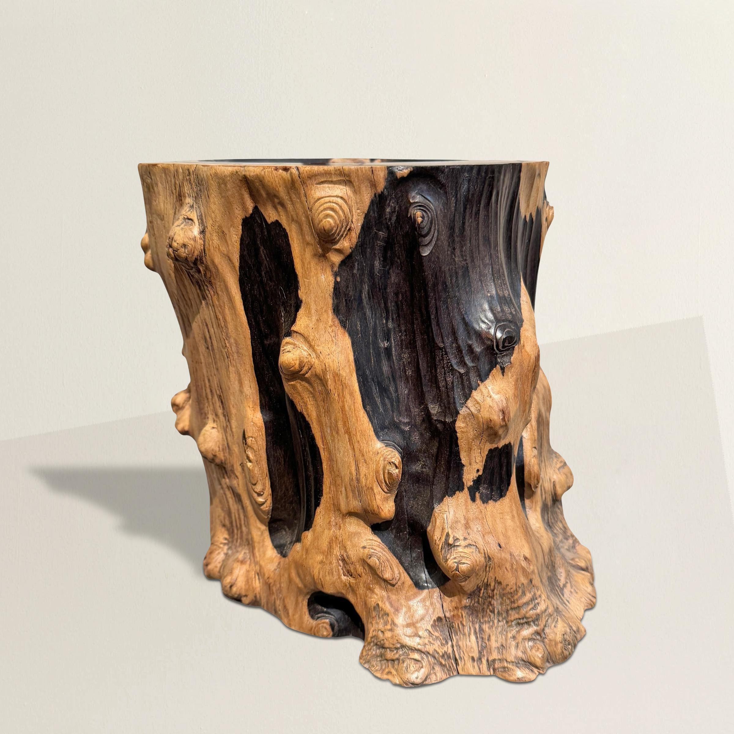 Sculpté dans un étonnant morceau de bois dur au grain noir et blanc, ce pot à pinceaux chinois de la fin du XIXe siècle illustre les idéaux de l'atelier du savant, où convergent la nature, l'art et l'utilité. L'artisan d'origine a honoré le