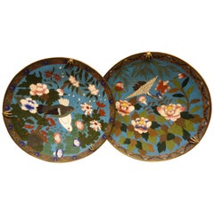 19th Century Chinese School Couple of Blue Cloisonné Enameled and Bronze Plates