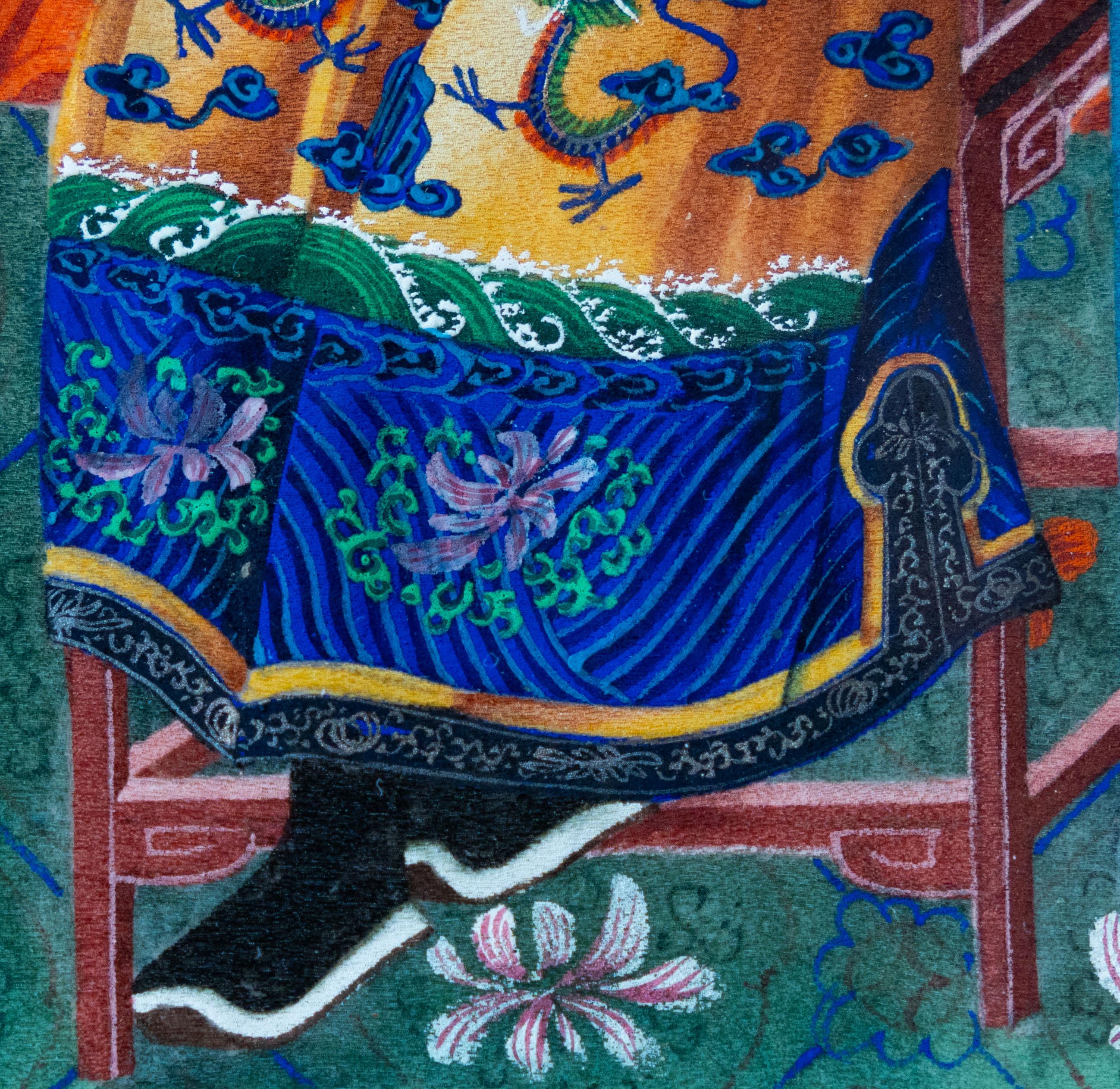 The painting is executed with meticulous precision on delicate rice paper, typical of Chinese export art produced for Western collectors in the 18th or 19th century. Its composition is balanced and symmetrical, centered around a distinguished