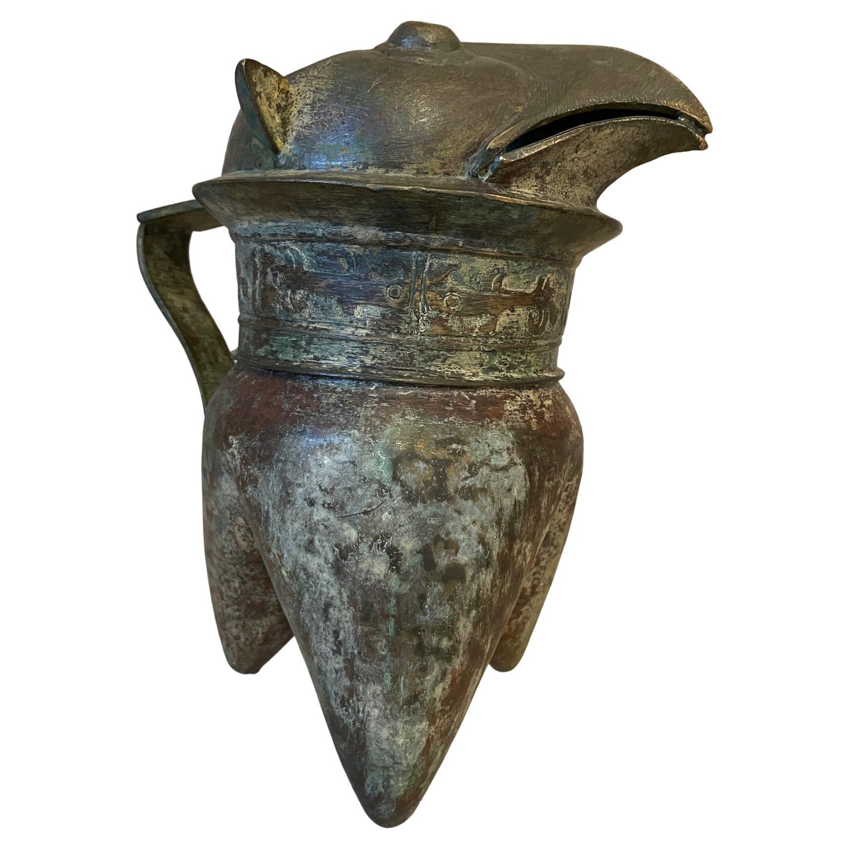 19th Century Chinese Shang Dynasty Bronze Liquor Jug Fengding He Type For Sale