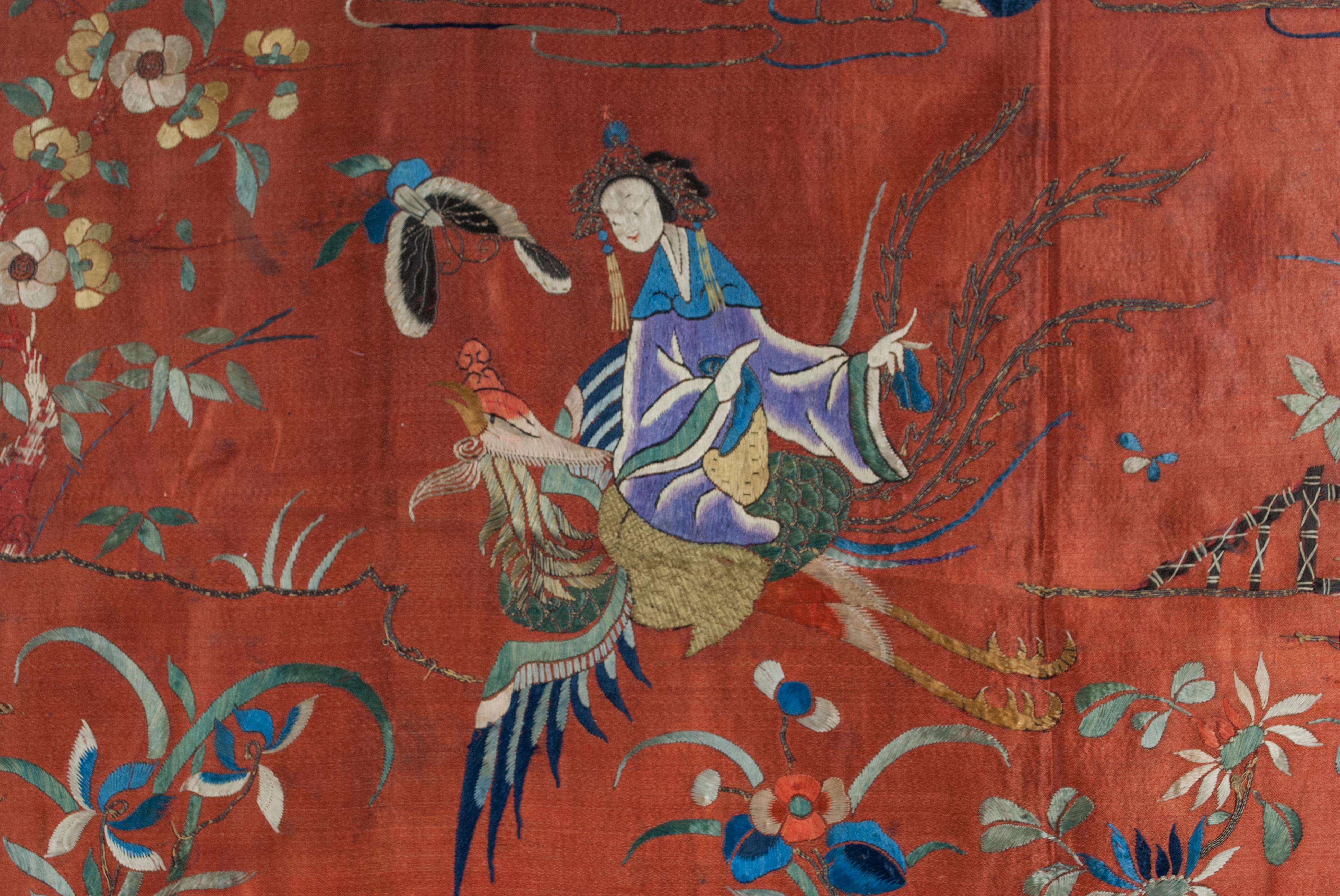 Qing 19th Century Chinese Silk Embroidered Banner or Hanging