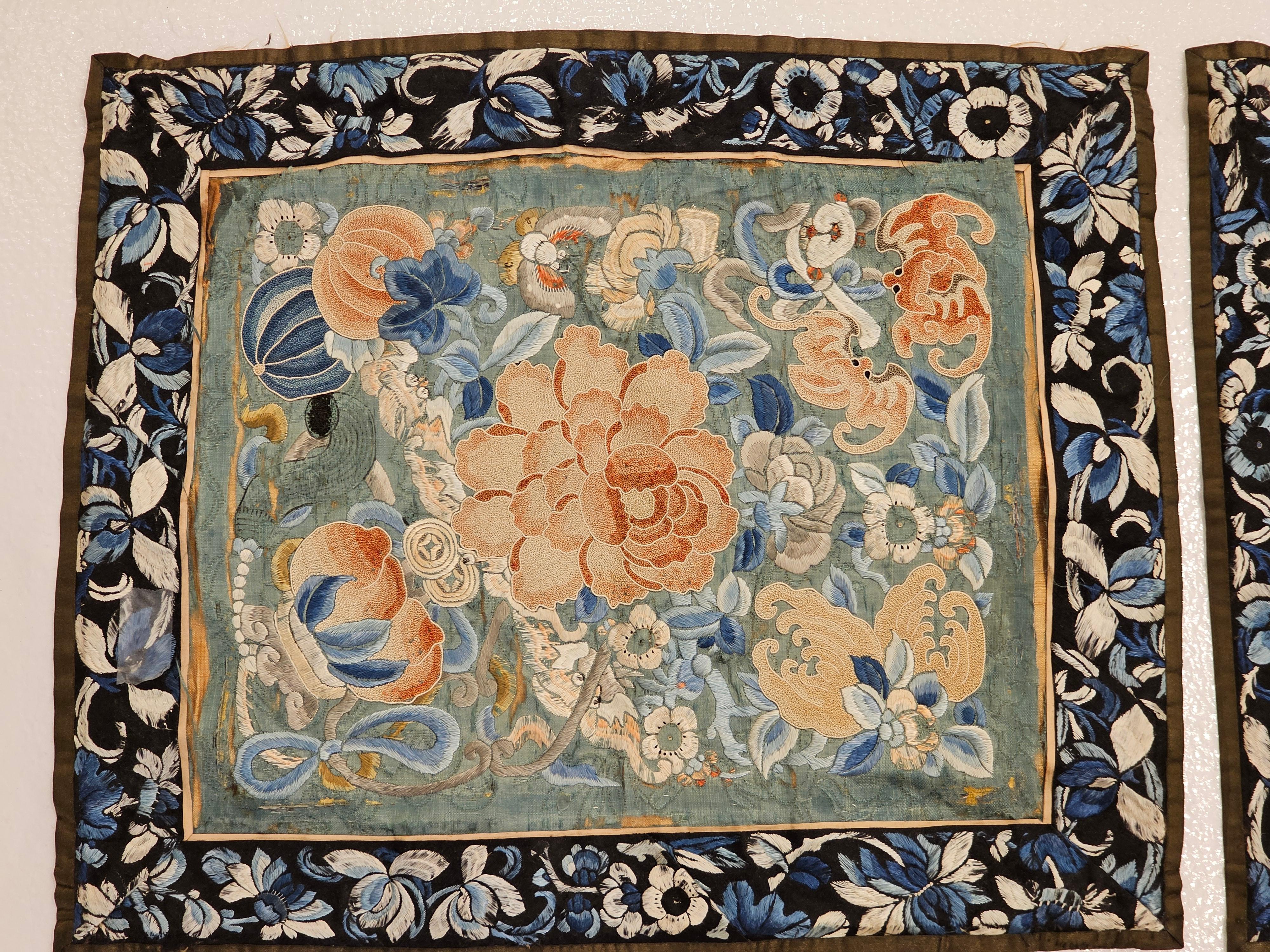Hand-Crafted 19th Century Chinese Silk Hand Embroidery Panels of Flowers, Bats, Moths For Sale
