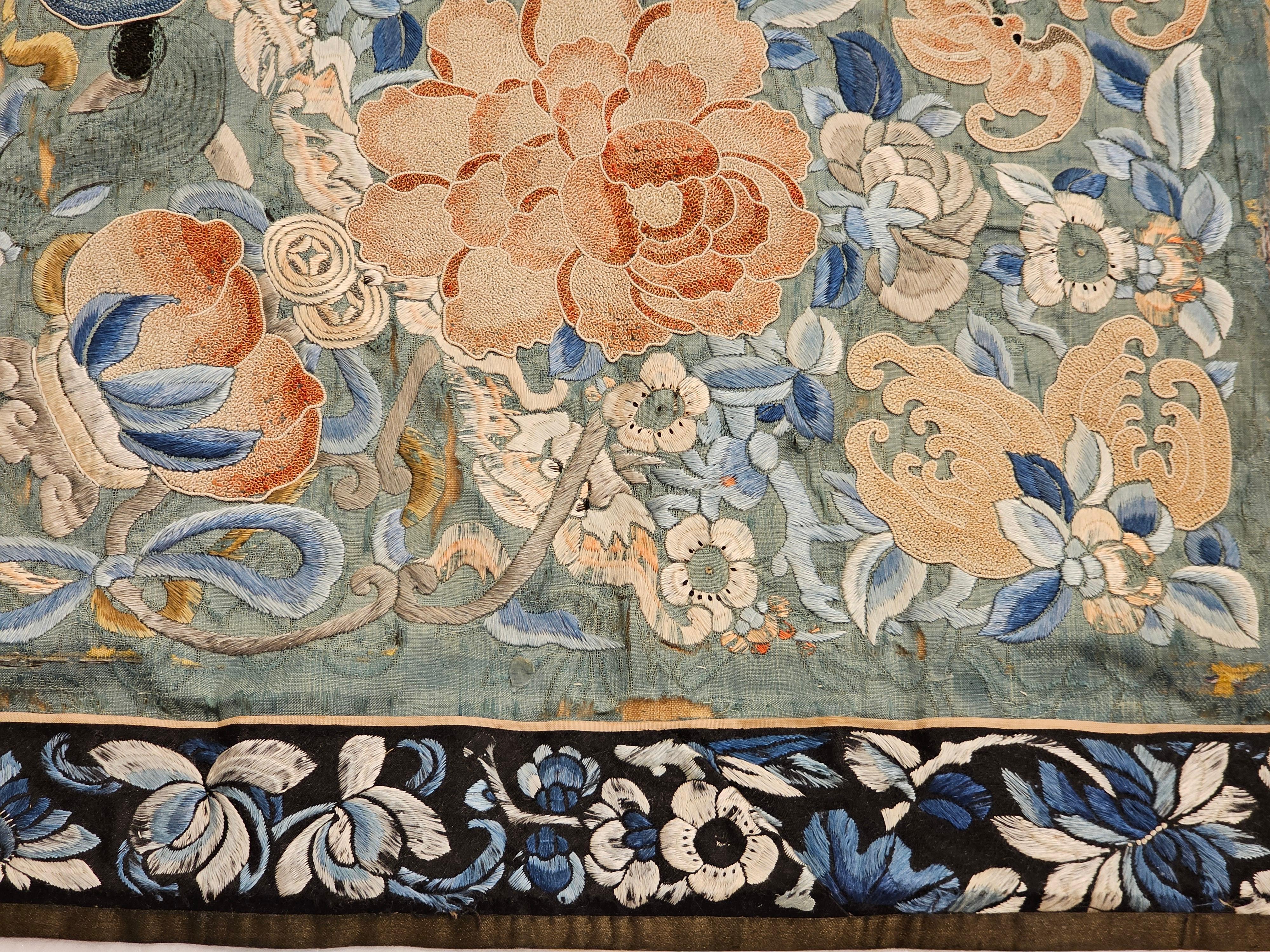 19th Century Chinese Silk Hand Embroidery Panels of Flowers, Bats, Moths For Sale 4
