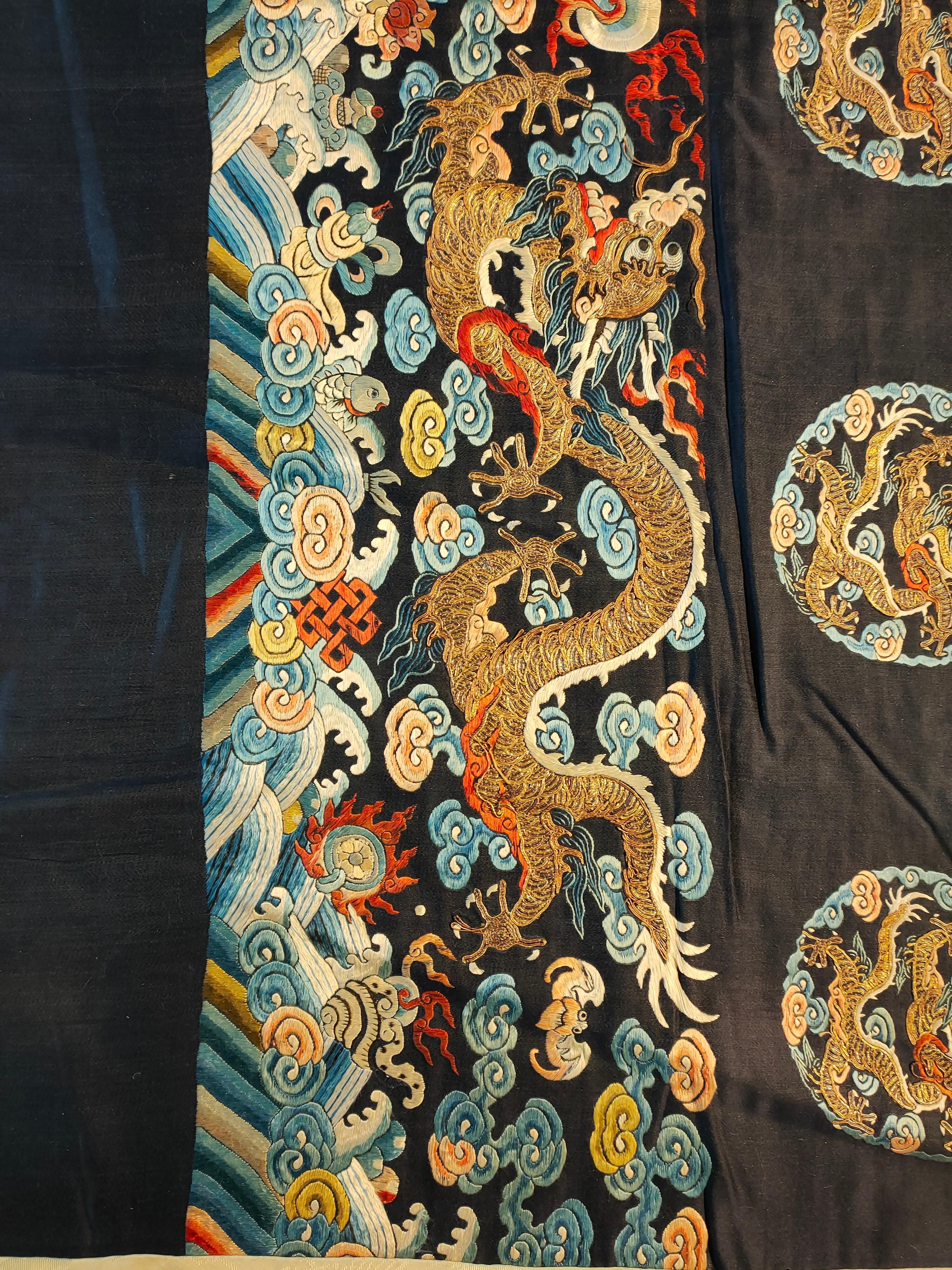 19th Century Chinese Silk & Metallic Thread Dragon Embroidery 
2'6