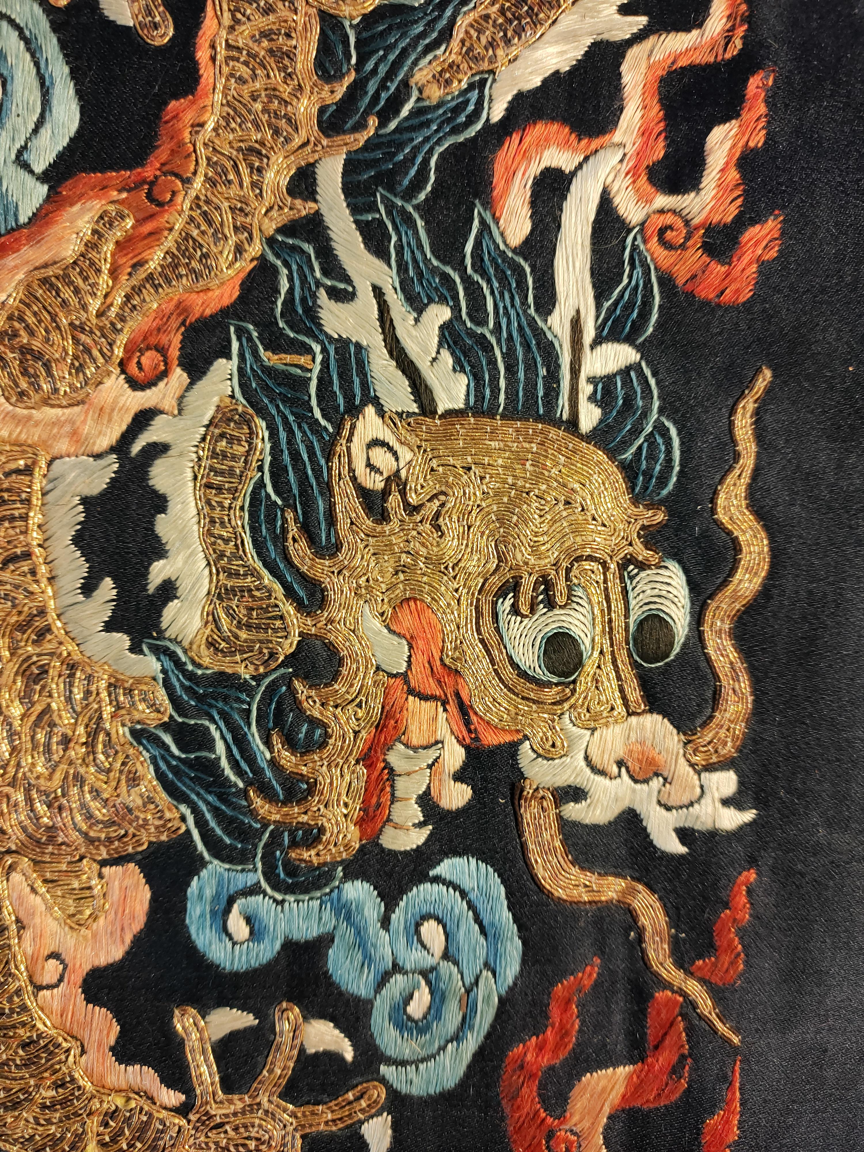 19th Century Chinese Silk & Metallic Thread Embroidery (2'6
