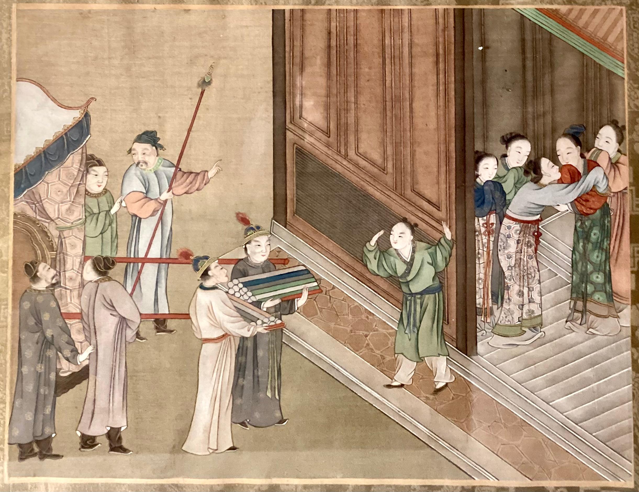 19th century Chinese silk painting. Framed and matted. Features scene of Chinese characters in a ceremony. Beautiful muted colors of green, red, blue and gray.