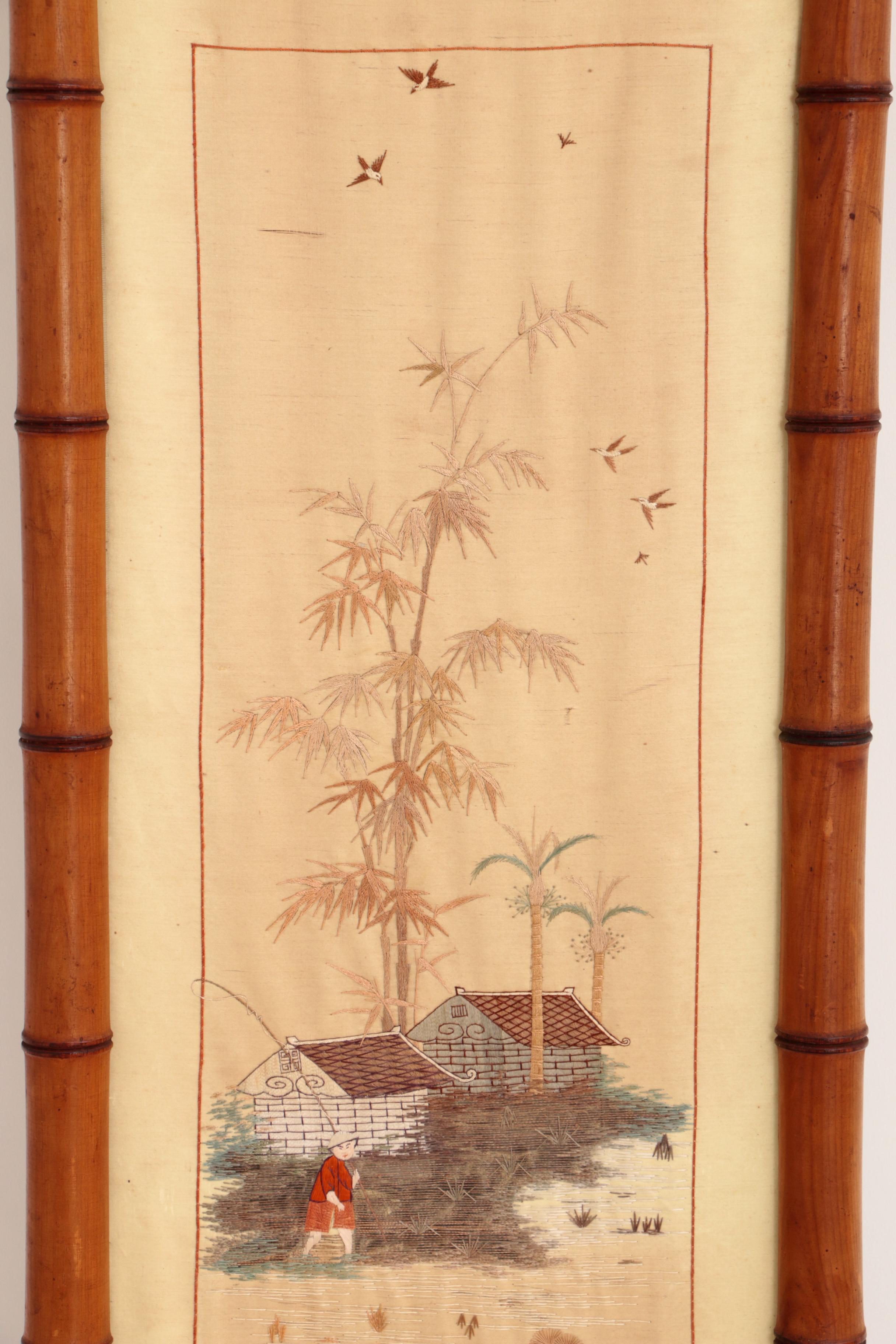 19th Century Chinese Silk Tapestries in Bamboo Frames For Sale 8