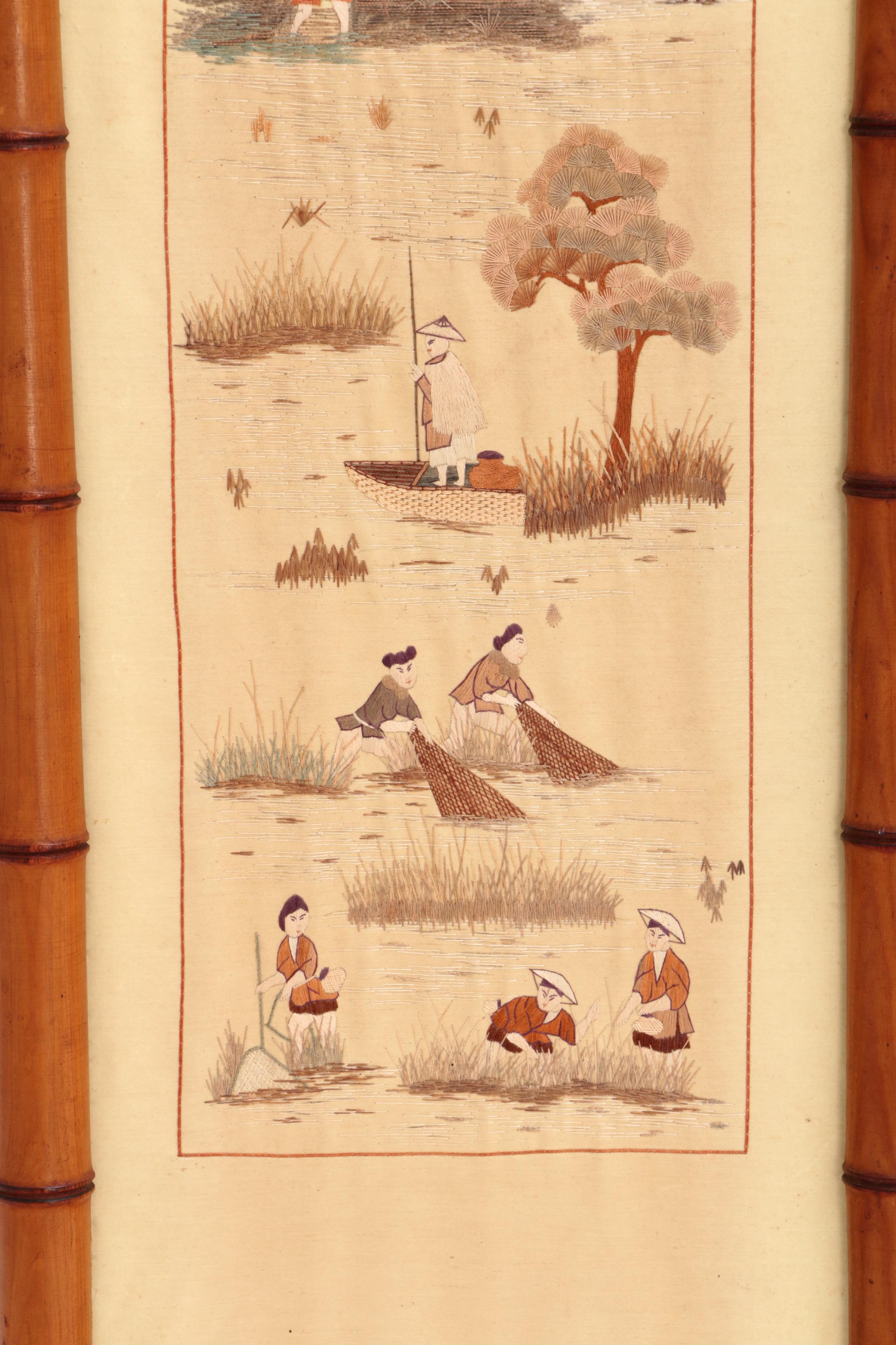 19th Century Chinese Silk Tapestries in Bamboo Frames For Sale 9