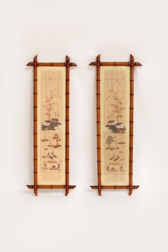 19th Century Chinese Silk Tapestries in Bamboo Frames