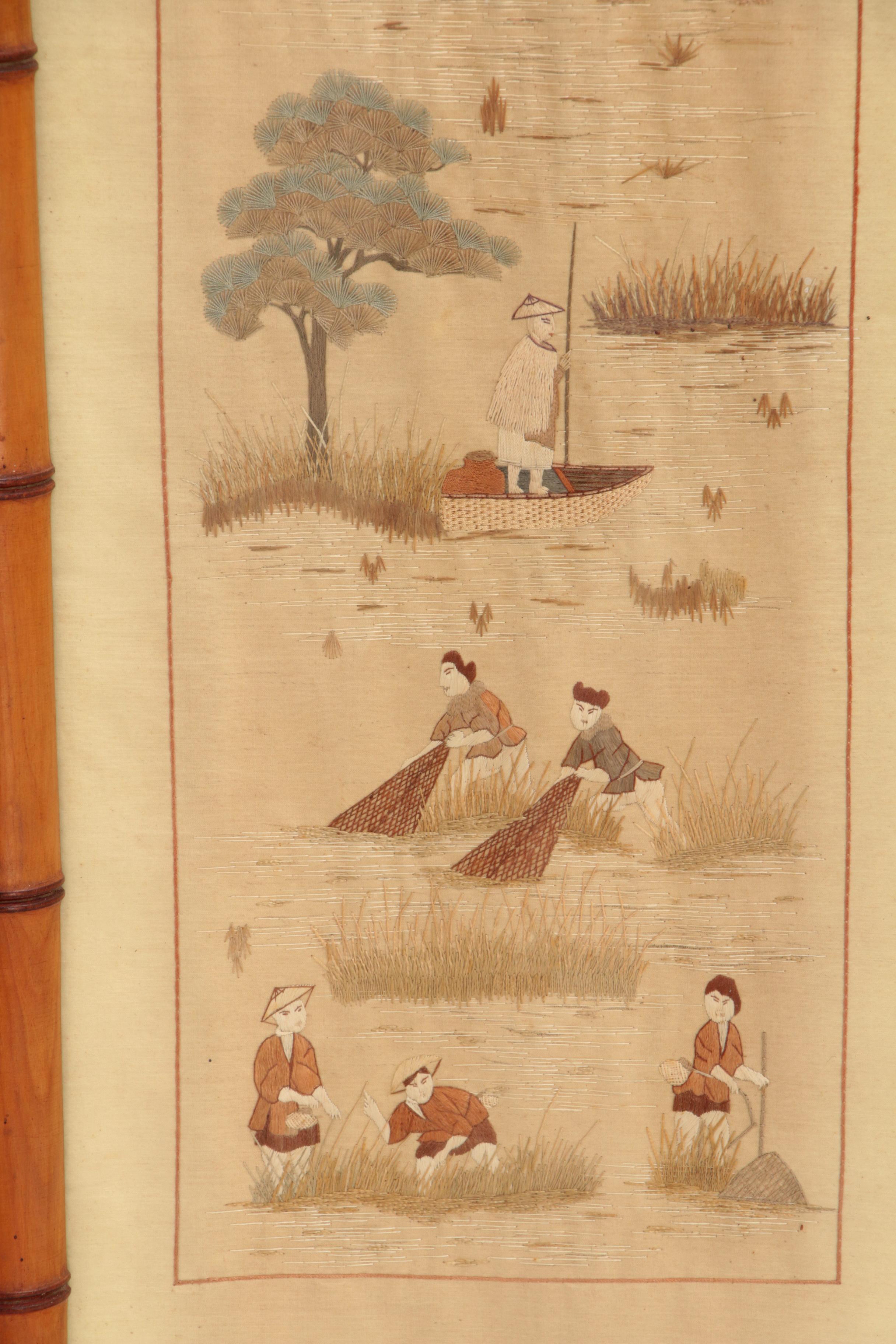 Embroidered 19th Century Chinese Silk Tapestries in Bamboo Frames For Sale