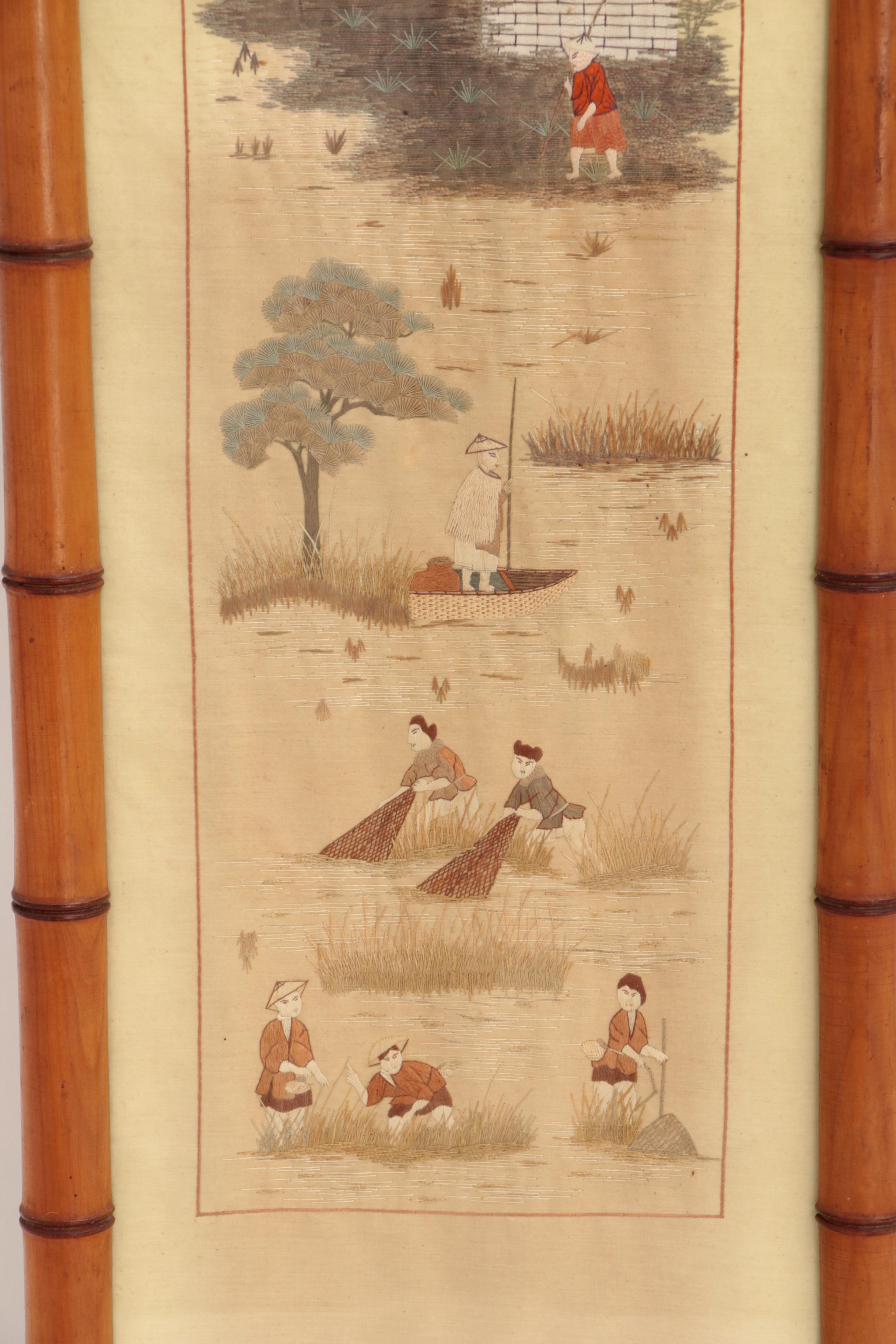 19th Century Chinese Silk Tapestries in Bamboo Frames In Good Condition For Sale In Oostrum-Venray, NL