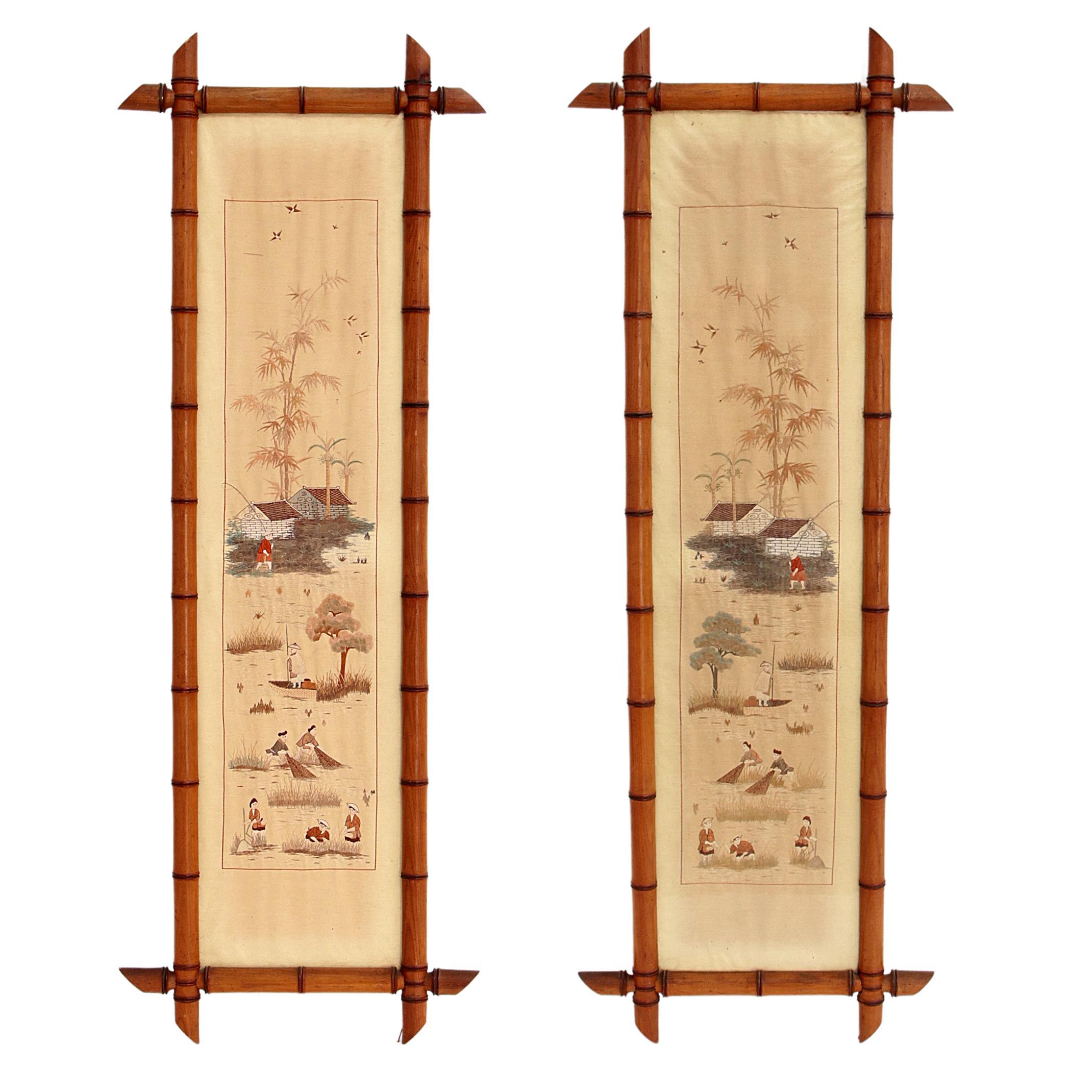 19th Century Chinese Silk Tapestries in Bamboo Frames For Sale