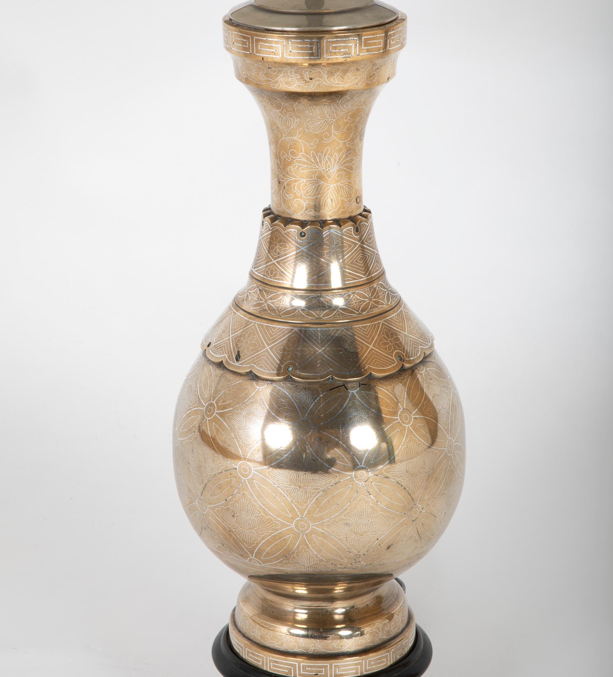 Inlay 19th Century Chinese Silver Inlaid Bronze Table Lamp