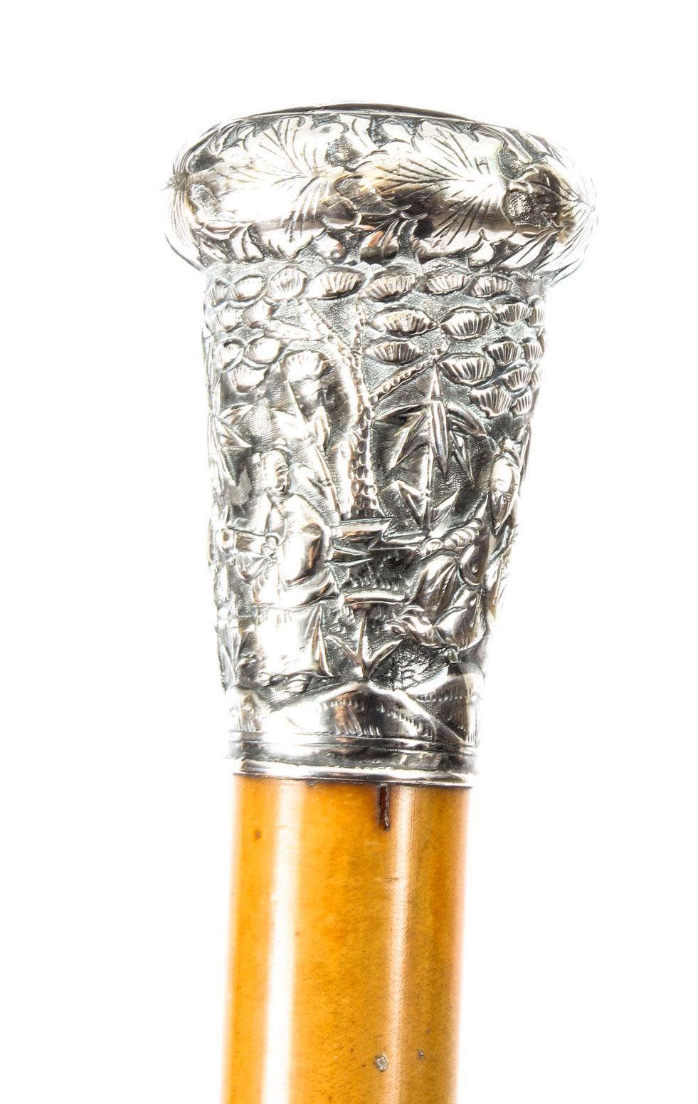 19th Century Chinese Silver Walking Stick Cane 8