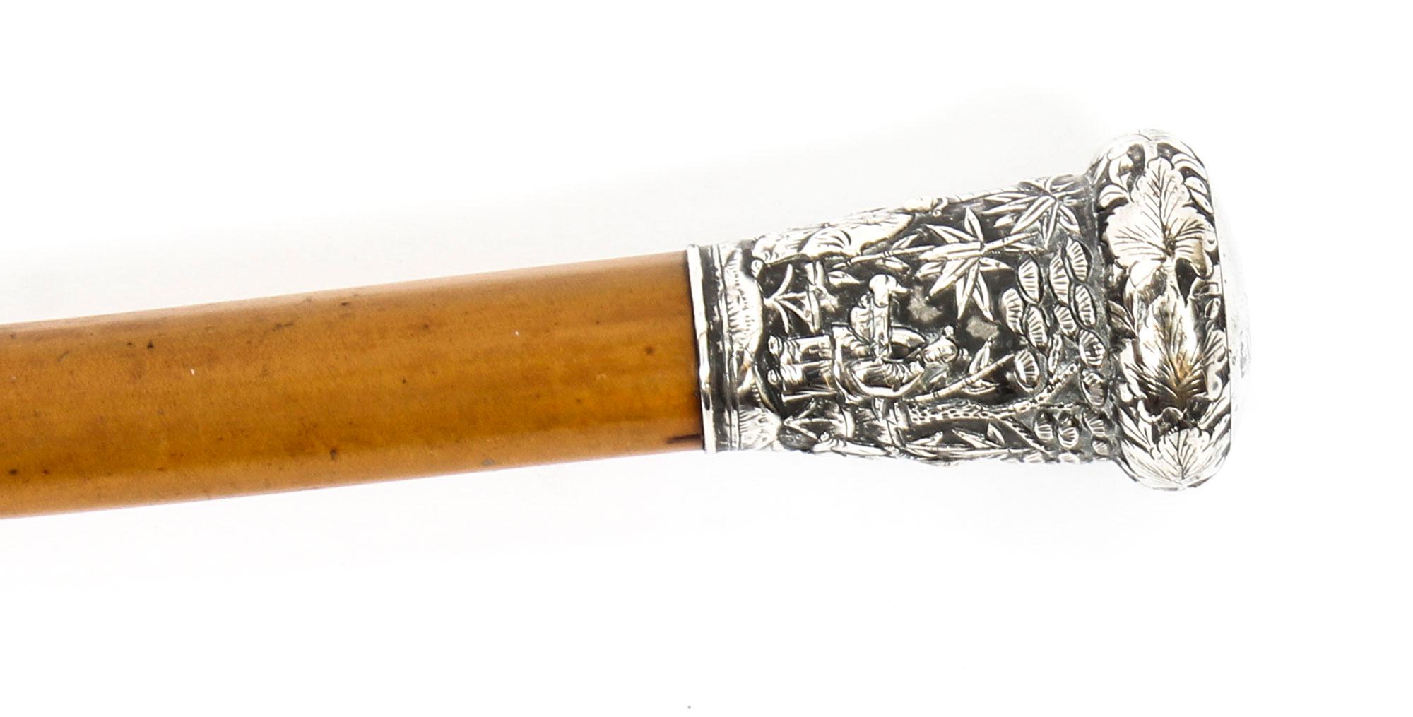 19th Century Chinese Silver Walking Stick Cane 1
